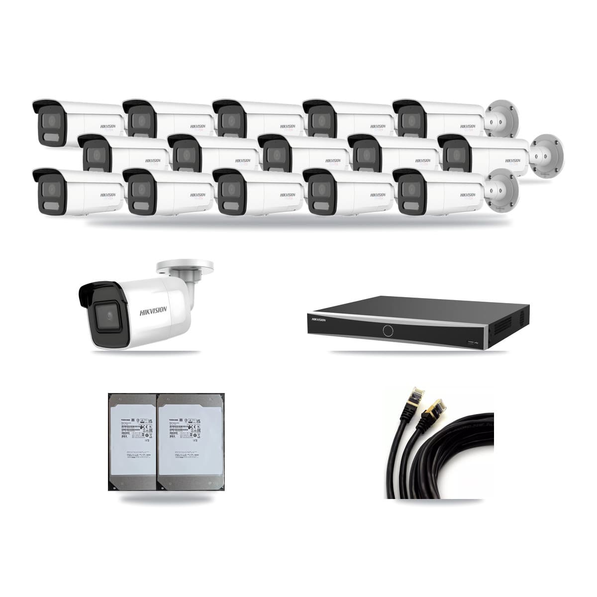 Hikvision 16-Channel 4K CCTV Kit — 1 DS-2CD2085G1 + 15 White DS-2CD2T87G2H Bullet Cameras + 2× 14TB Recording (DS-7616NXI Recorder) - Image 1