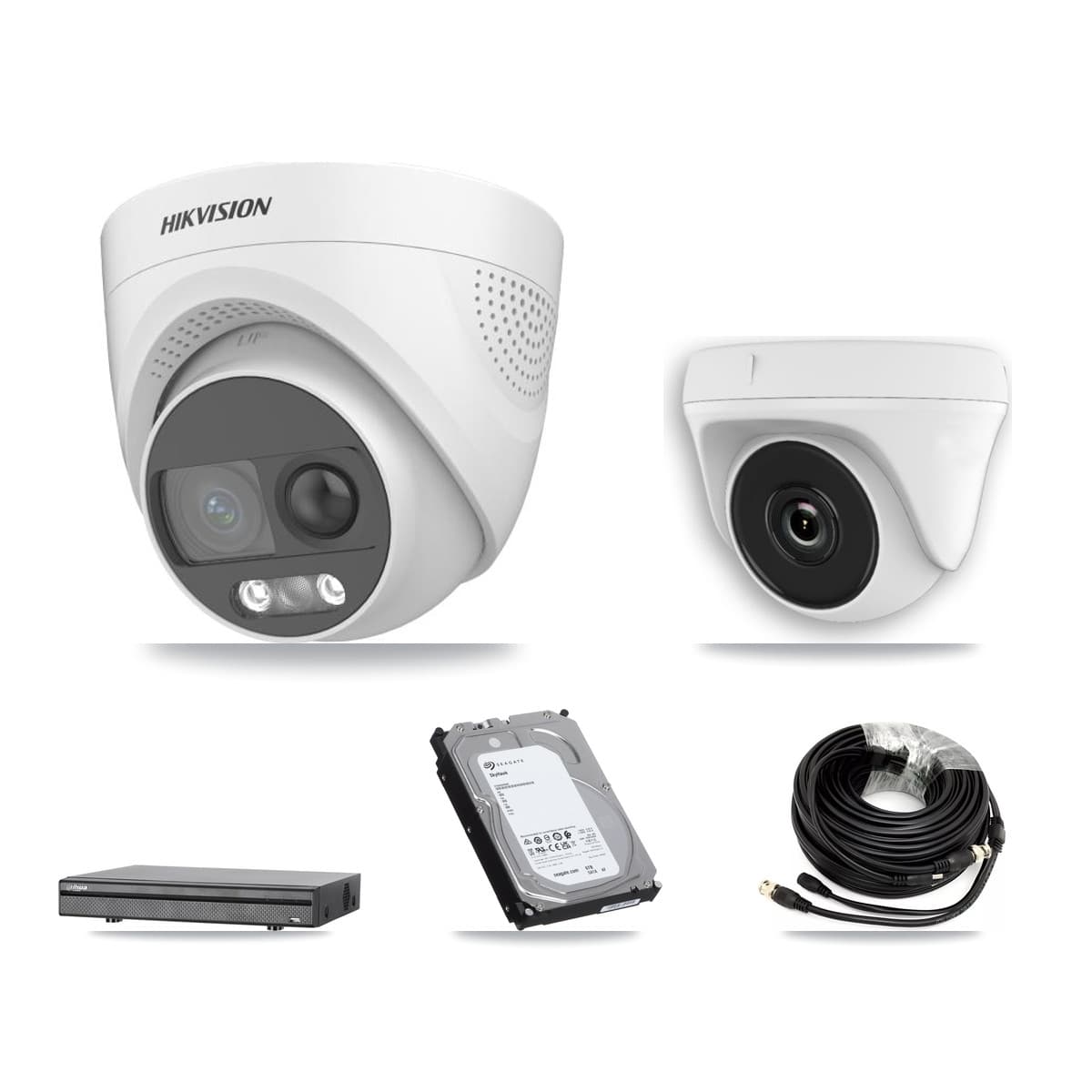 Hikvision & Dahua 8-Channel 2MP – 5MP CCTV Kit — 3 DS-2CE72KF3T 5MP Turret + 3 White HDT-2MP-N20W 2MP Dome Cameras + 6TB Recording (DH-XVR5108H Recorder)