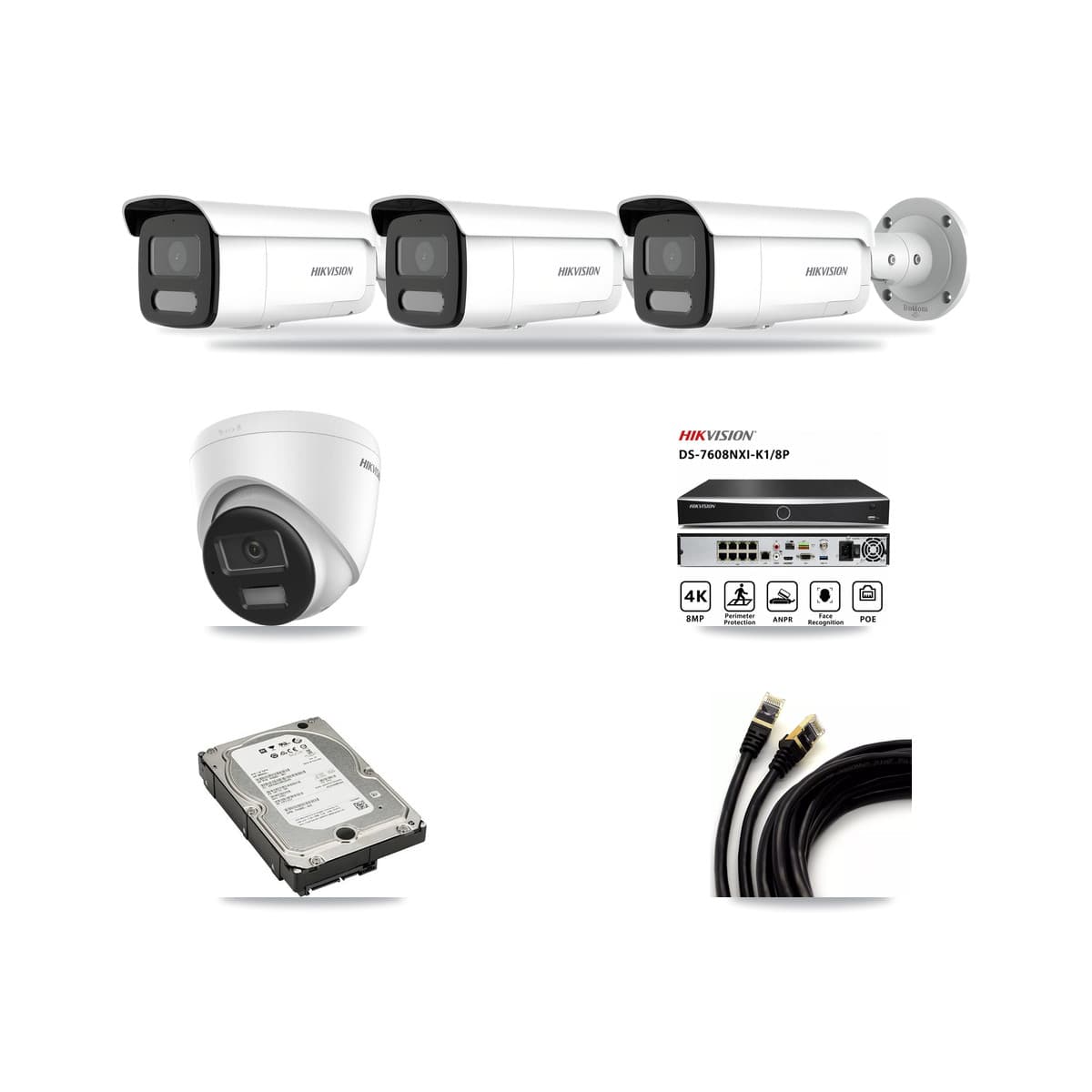 Hikvision 8-Channel 4MP – 4K CCTV Kit — 1 DS-2CD1383G2-LIUF/SL 4K Turret + 3 DS-2CD2T47G2H-LISU/SL 4MP Bullet Cameras + 5TB Recording (DS-7608NXI-K1/8P Recorder) - Image 1