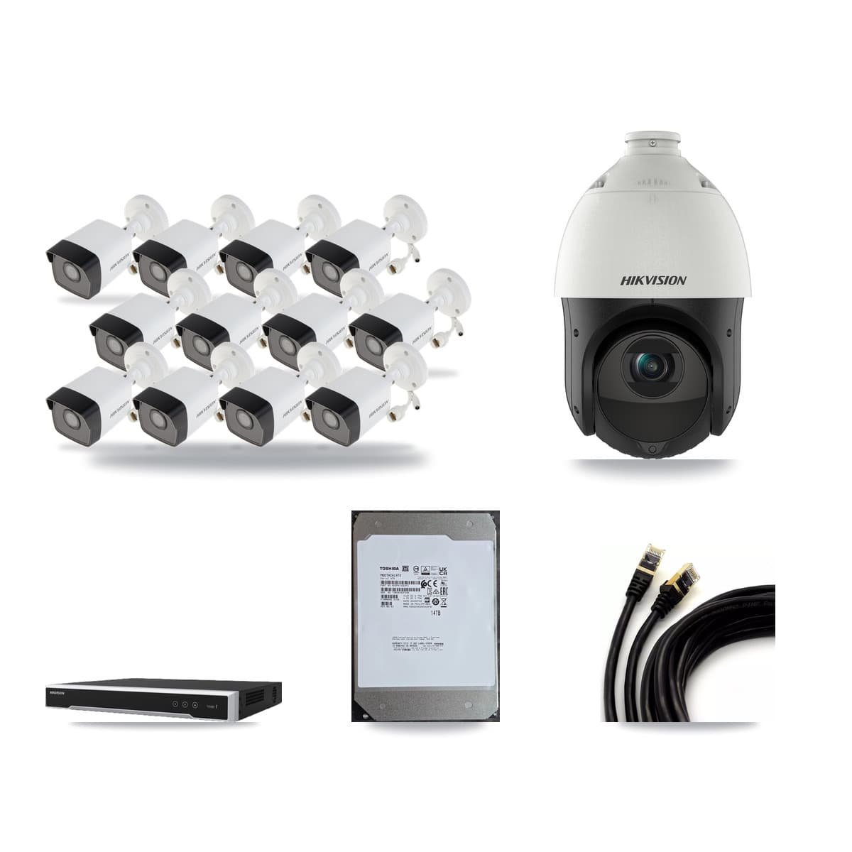 Hikvision 16-Channel 4MP – 5MP CCTV Kit — 12 5MP Bullet + 1 4MP PTZ Cameras + 14TB Recording (DS-7616NI-M2 Recorder) - Image 1