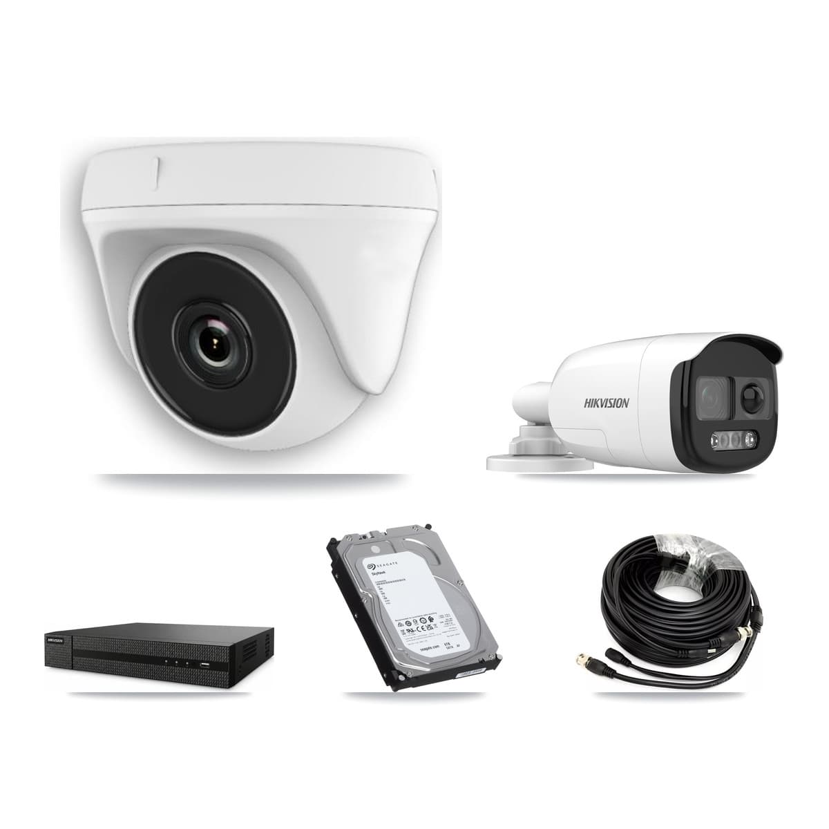 Hikvision 8-Channel 2MP – 5MP CCTV Kit — 1 DS-2CE12KF3T 5MP Bullet + 6 White HDT-2MP-N20W 2MP Dome Cameras + 6TB Recording (DVR-8CH Recorder) - Image 1