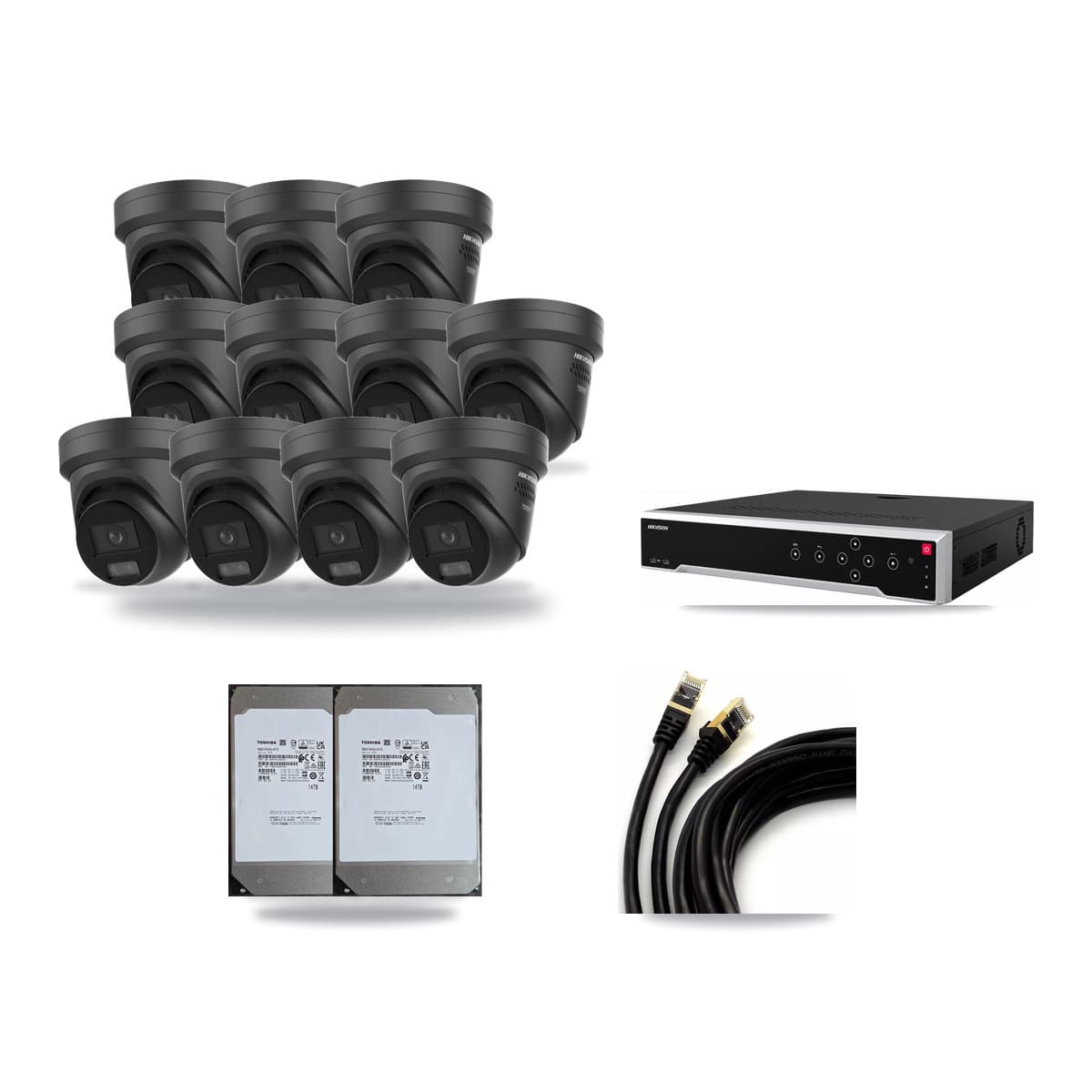 Hikvision 32-Channel 4K CCTV Kit — 11 Black DS-2CD2387G3 Turret Cameras + 2× 14TB Recording - Image 1