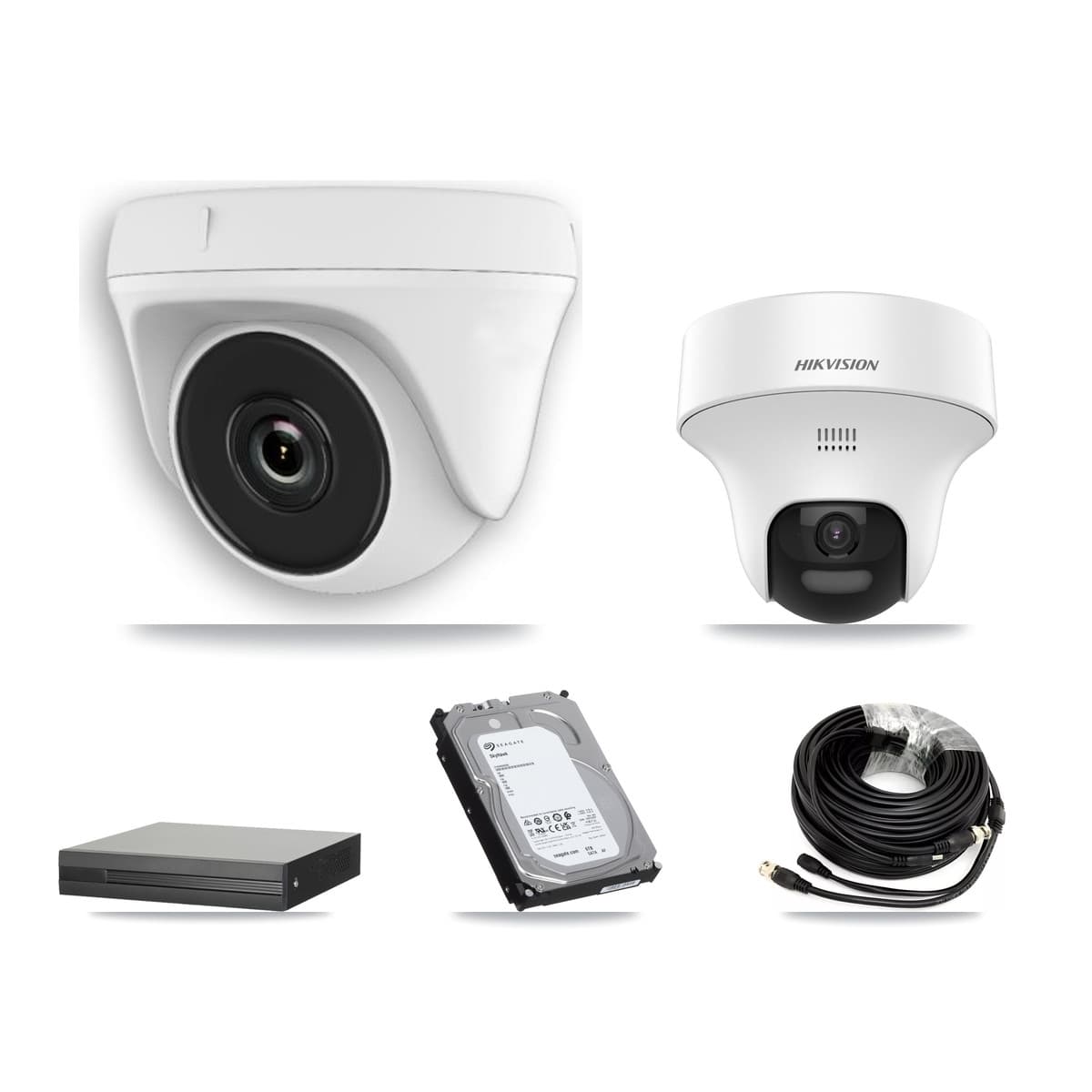 Hikvision 8-Channel 2MP – 5MP CCTV Kit — 1 DS-2CE70K0T 5MP Turret + 7 White HDT-2MP-N20W 2MP Dome Cameras + 6TB Recording (XVR-3108HS Recorder)