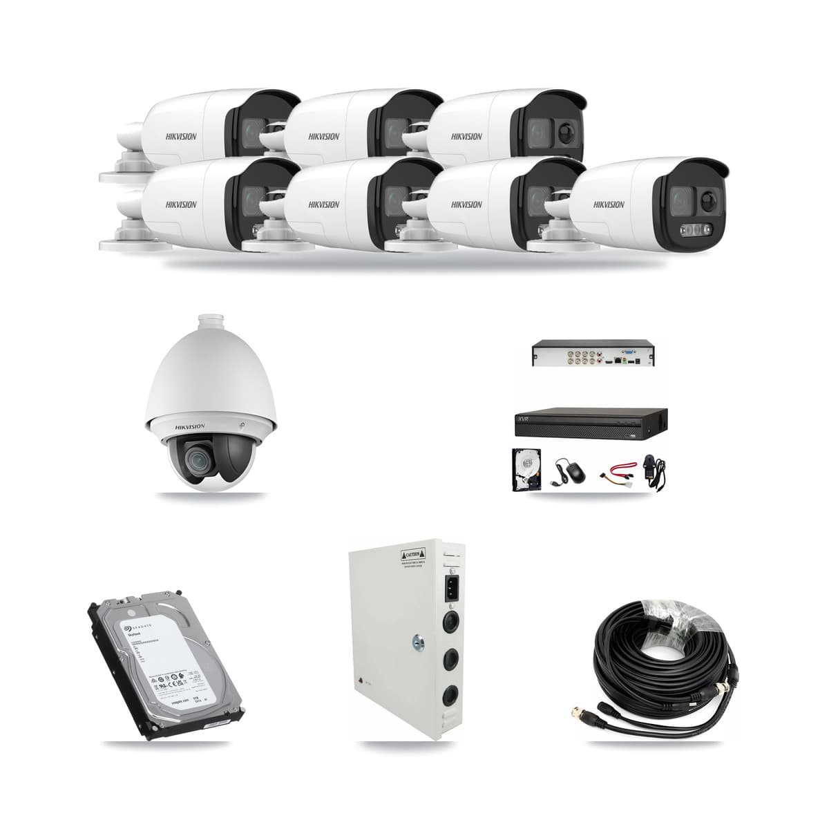 Hikvision & Dahua 8-Channel 2MP – 5MP CCTV Kit — 1 2MP PTZ + 7 5MP Bullet Cameras + 6TB Recording - Image 1