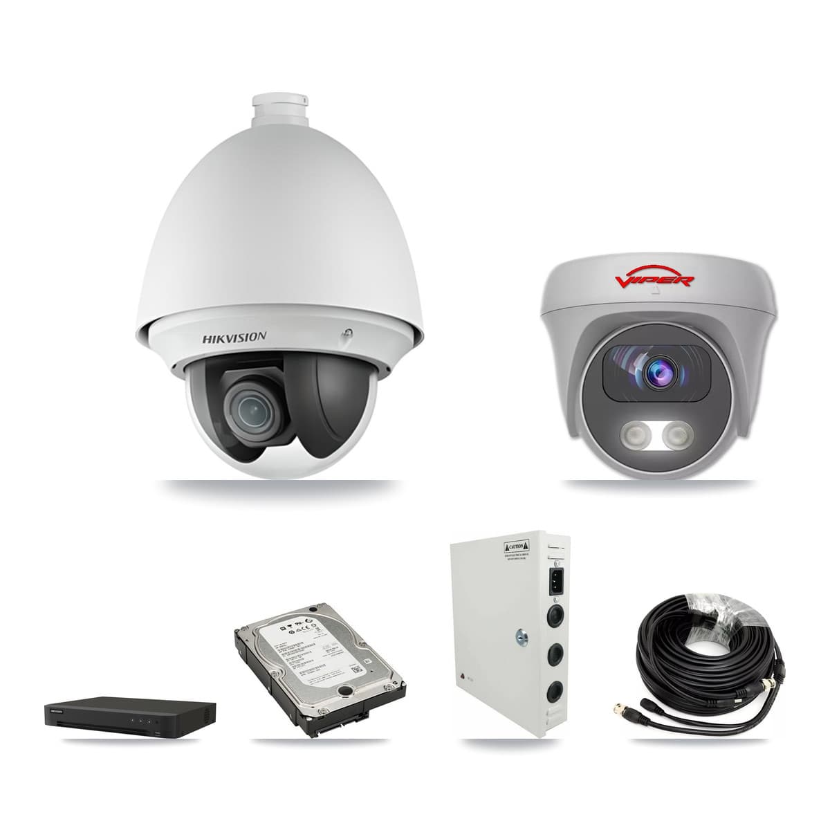 Hikvision & Viper 8-Channel 2MP – 5MP CCTV Kit — 5 DS-2AE4225T-A 2MP PTZ + 1 White VIPER-5MP-3K-AOC-WHITE-2.8MM 5MP Cameras + 5TB Recording (IDS-7208HUHI-M1/XT Recorder) - Image 1