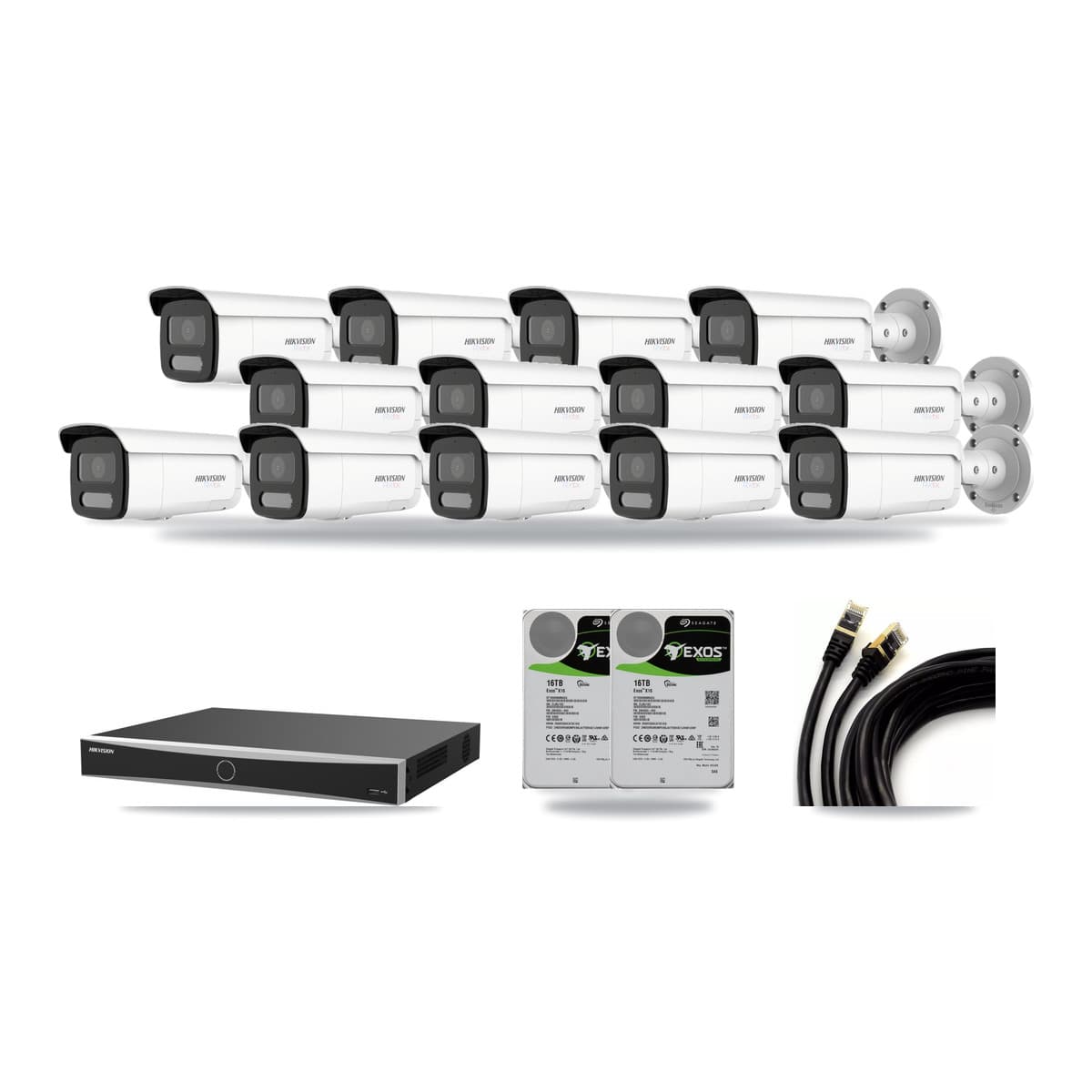 Hikvision 16-Channel 4K CCTV Kit — 13 White Bullet Cameras + 2× 16TB Recording (DS-7616NXI Recorder) - Image 1