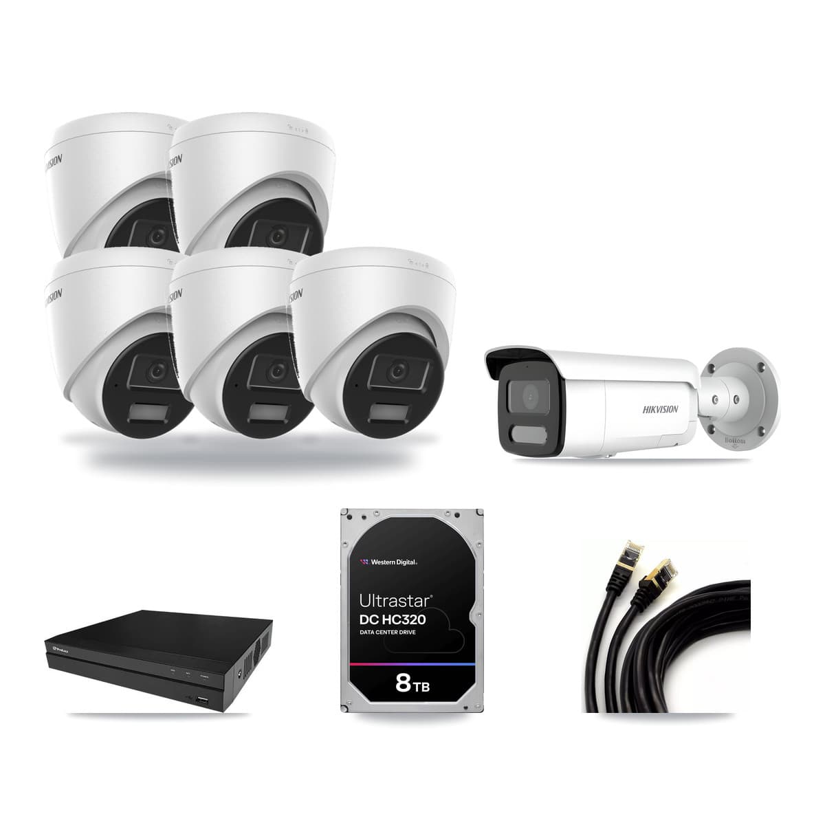Hikvision & Prolux 8-Channel 4MP CCTV Kit — 5 DS-2CD1343G2 Turret + 1 DS-2CD2T47G2H Bullet Cameras + 8TB Recording - Image 1