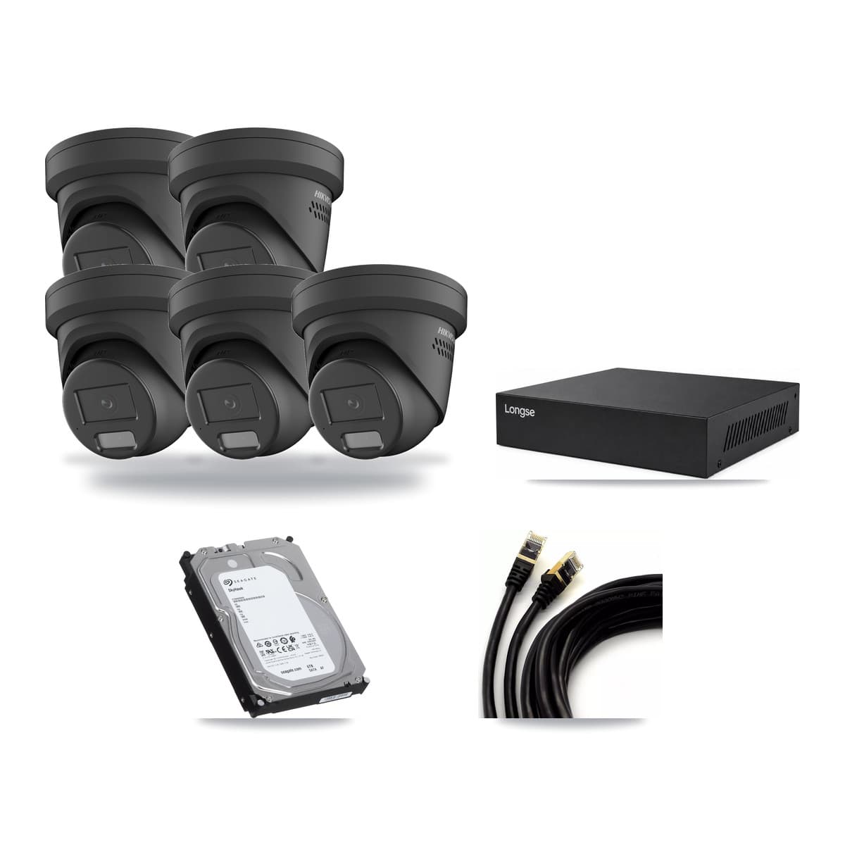Hikvision & Longse 8-Channel 4MP CCTV Kit — 5 Black Turret Cameras + 6TB Recording - Image 1