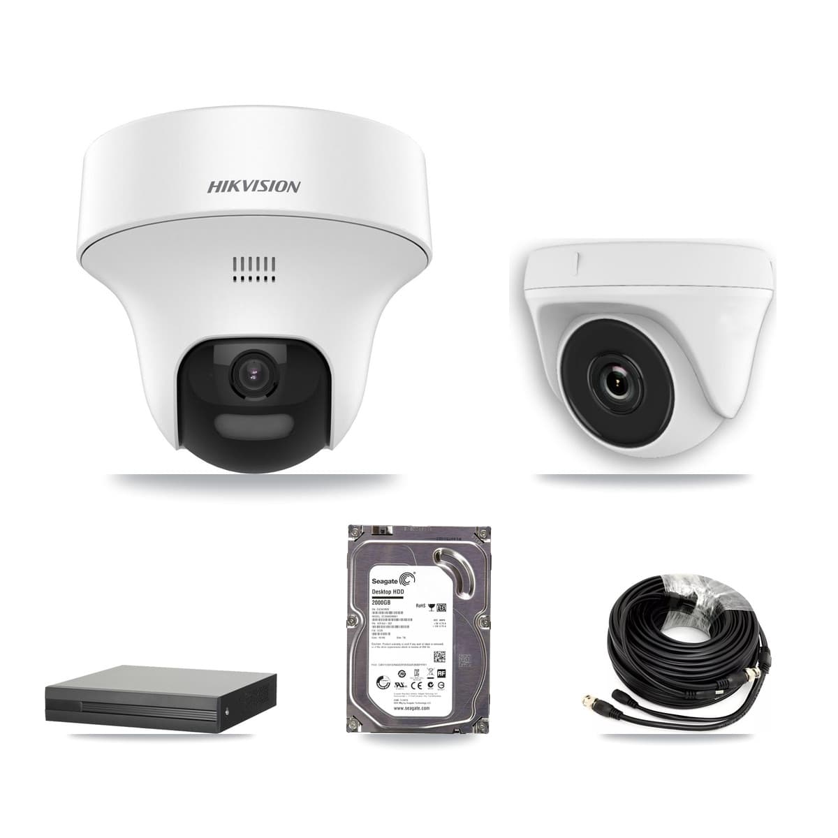 Hikvision 8-Channel 2MP – 5MP CCTV Kit — 1 DS-2CE70K0T 5MP Turret + 1 White HDT-2MP-N20W 2MP Dome Cameras + 2TB Recording (XVR-3108HS Recorder)