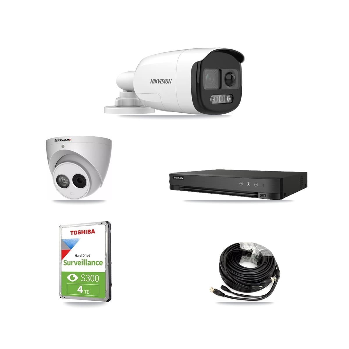 Hikvision & Prolux 8-Channel 4MP – 5MP CCTV Kit — 2 DS-2CE12KF3T 5MP Bullet + 1 PXC-612C4W-A 4MP Turret Cameras + 4TB Recording (IDS-7208HQHI Recorder) - Image 1