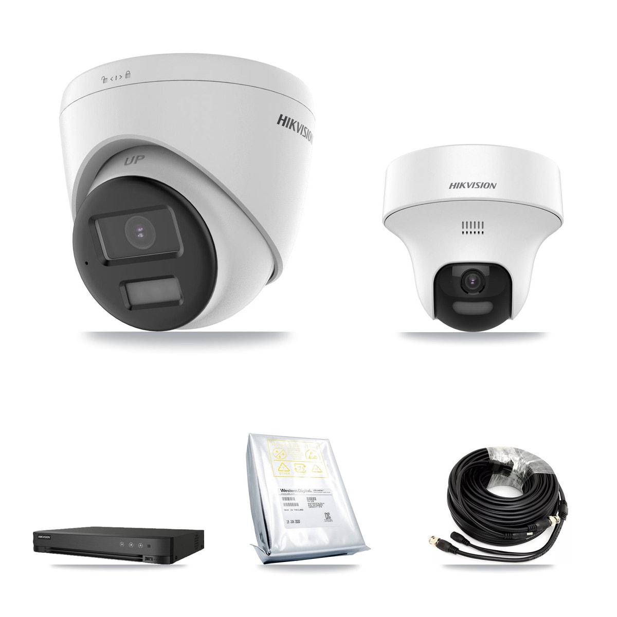 Hikvision 8-Channel 5MP CCTV Kit — 2 DS-2CE70K0T-PTLTS + 4 DS-2CE78K0T-LPTS Turret Cameras + 8TB Recording (IDS-7208HUHI-M1/E Recorder)