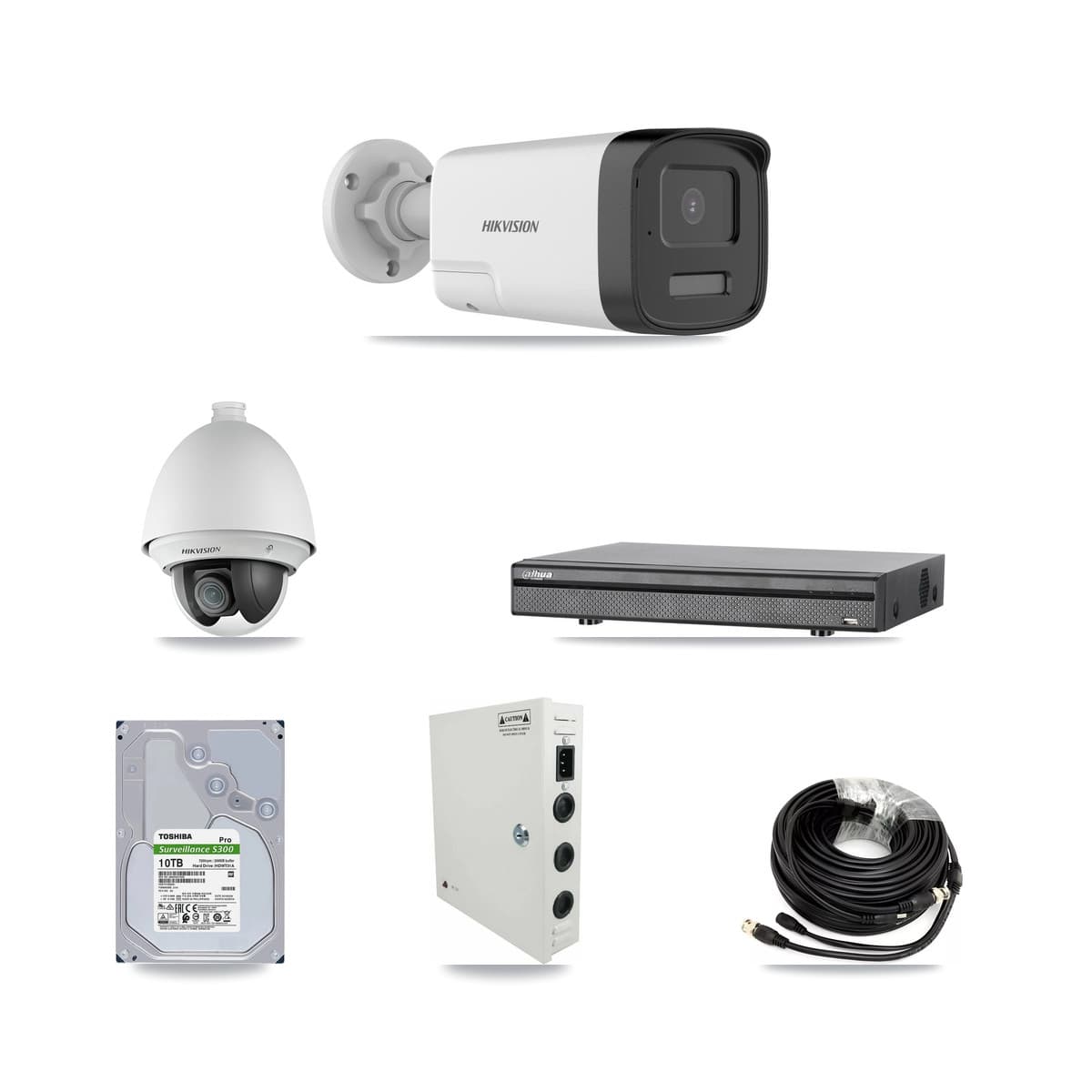 Hikvision & Dahua 8-Channel 2MP – 5MP CCTV Kit — 1 DS-2AE4225T 2MP PTZ + 7 DS-2CE17K0T 5MP Bullet Cameras + 10TB Recording