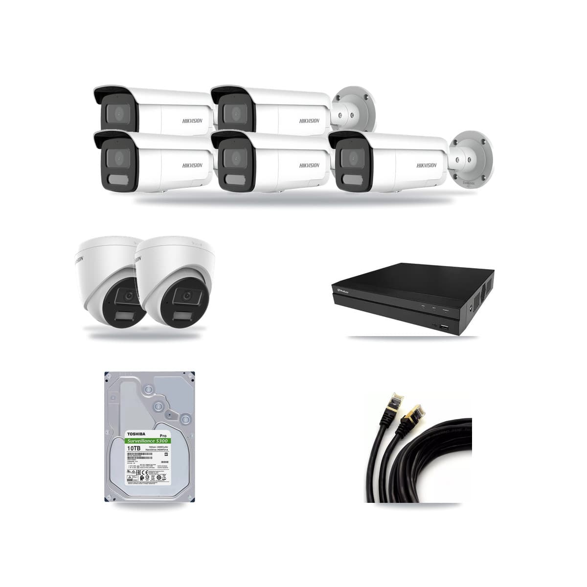 Hikvision & Prolux 8-Channel 4MP CCTV Kit — 2 DS-2CD1343G2 Turret + 5 DS-2CD2T47G2H Bullet Cameras + 10TB Recording - Image 1