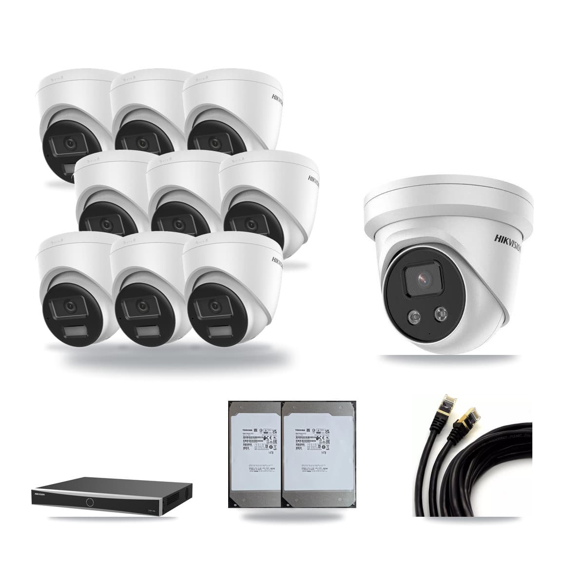 Hikvision 16-Channel 5MP – 4K CCTV Kit — 9 DS-2CD1383G2-LIU 4K + 1 DS-2CD3356G2-ISU 5MP Turret Cameras + 2× 14TB Recording (DS-7616NXI-K2/16P(E) Recorder) - Image 1