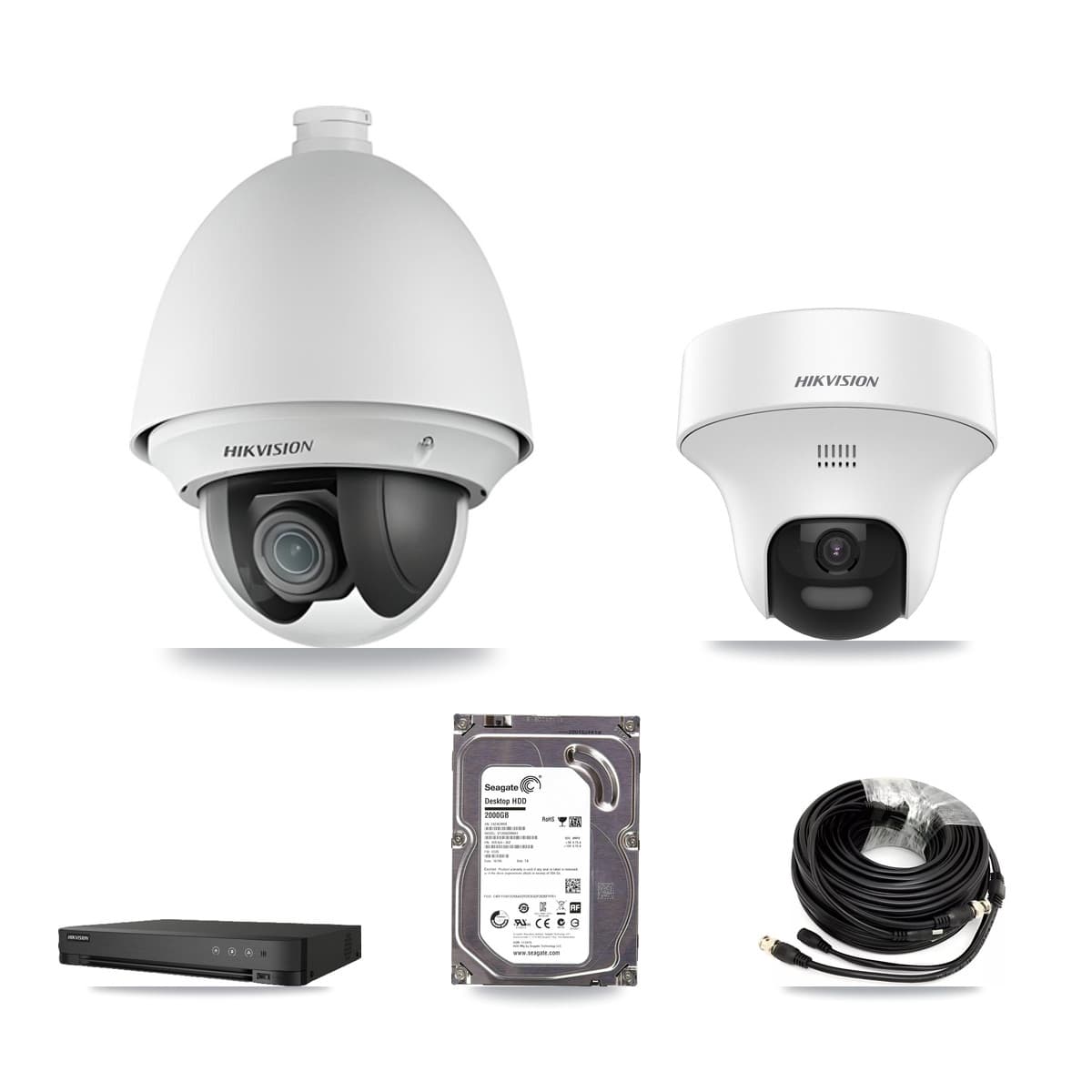 Hikvision 8-Channel 2MP – 5MP CCTV Kit — 1 DS-2AE4225T-A 2MP PTZ + 1 DS-2CE70K0T-PTLTS 5MP Turret Cameras + 2TB Recording (IDS-7208HUHI-M1/E Recorder)