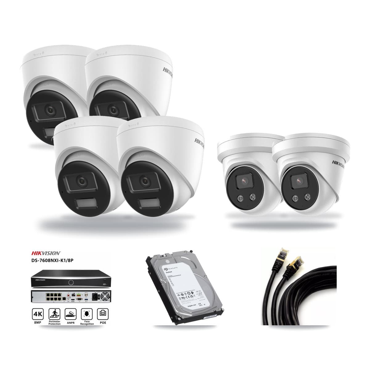 Hikvision 8-Channel 5MP – 4K CCTV Kit — 4 DS-2CD1383G2-LIU 4K + 2 DS-2CD3356G2-ISU 5MP Turret Cameras + 6TB Recording (DS-7608NXI-K1/8P Recorder) - Image 1
