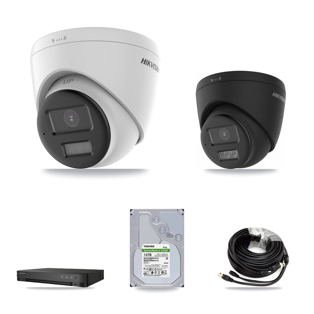 Hikvision 8-Channel 5MP – 4K CCTV Kit — 3 DS-2CE78K0T-LPTS 5MP + 3 Black DS-2CE78U0T-LTS-BLACK 4K Turret Cameras + 10TB Recording (IDS-7208HUHI-M1/E Recorder)