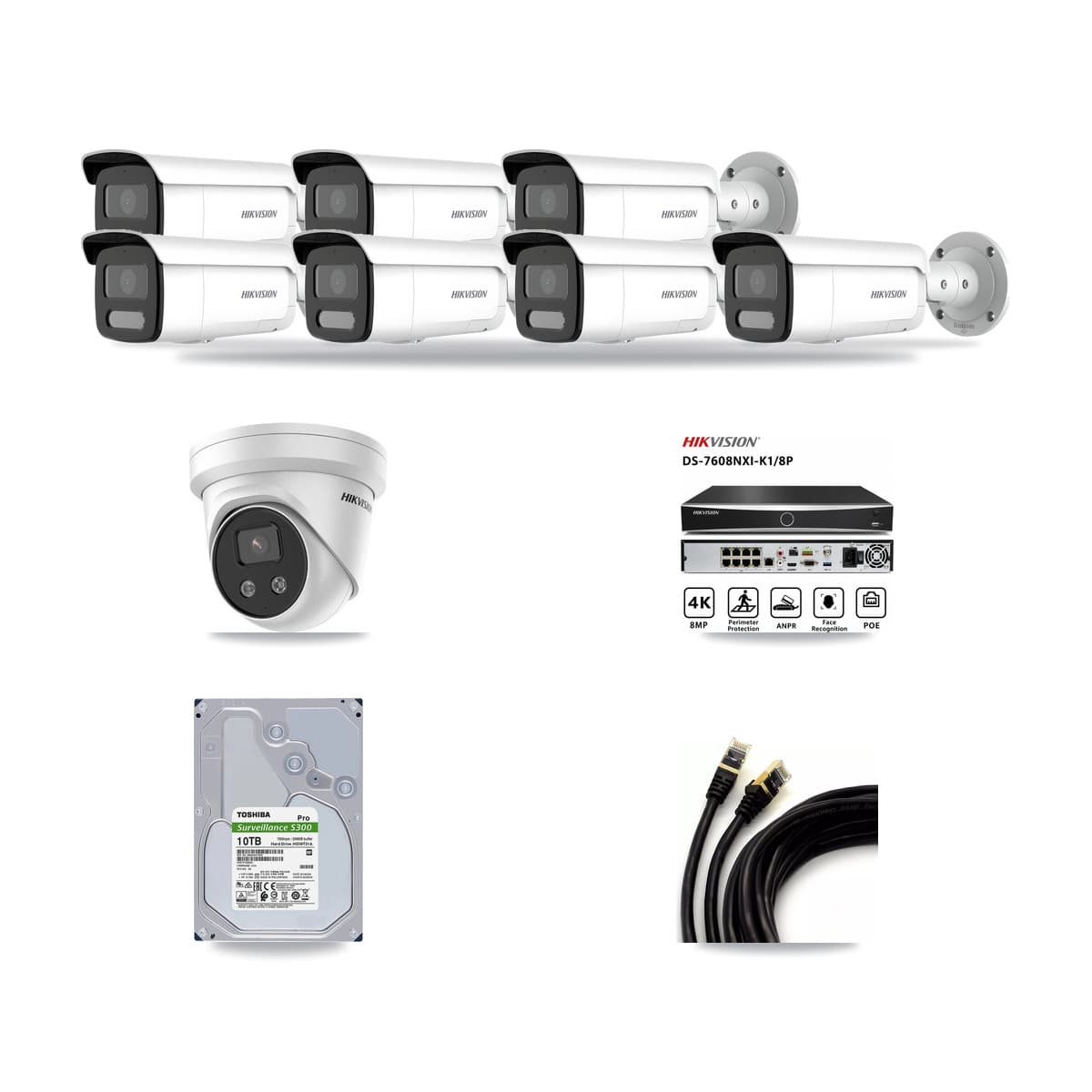 Hikvision 8-Channel 4MP – 5MP CCTV Kit — 7 4MP Bullet + 1 5MP Turret Cameras + 10TB Recording - Image 1