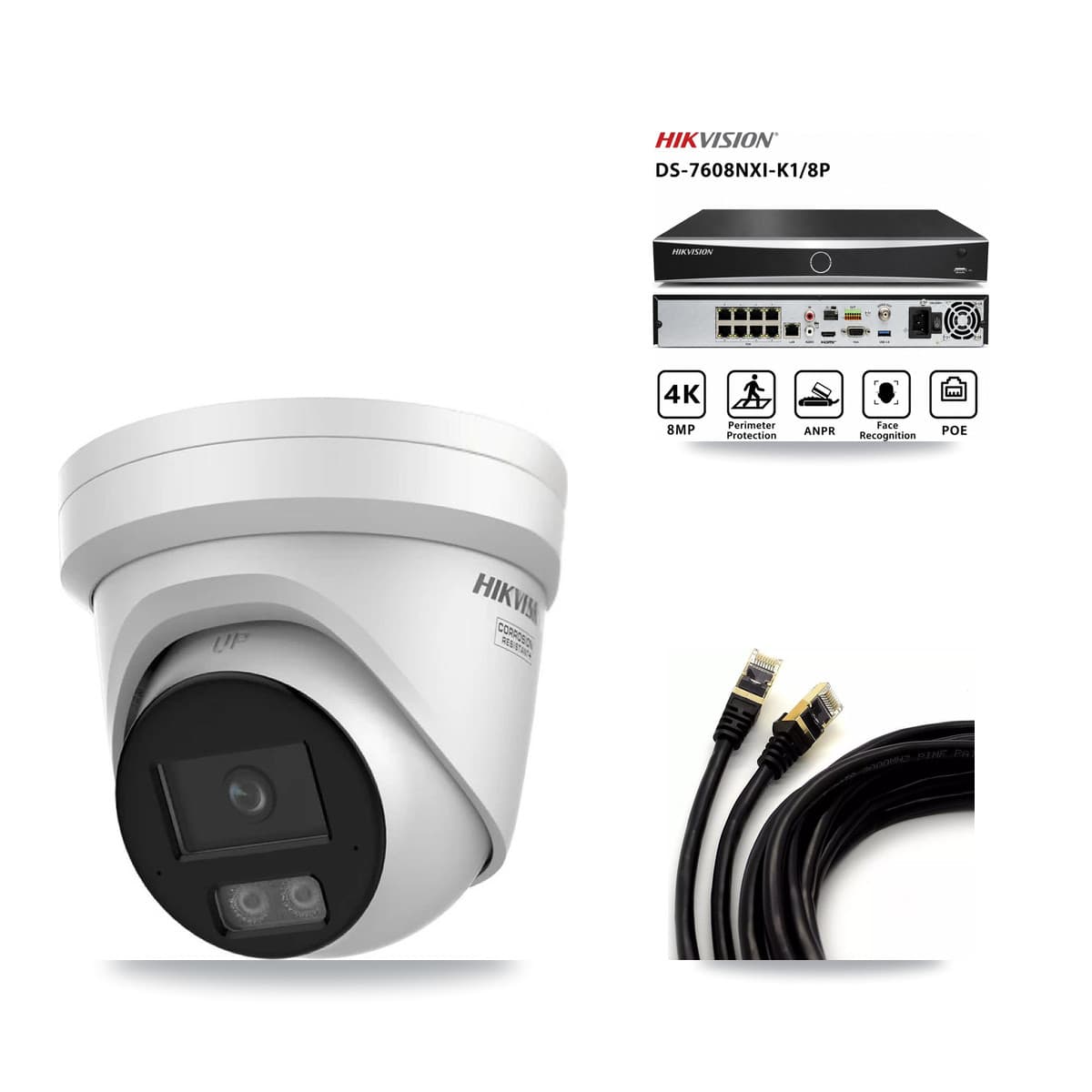 Hikvision 8-Channel 4K CCTV Kit — 3 DS-2CD2387G3 Turret Cameras + 8TB Recording (DS-7608NXI Recorder)