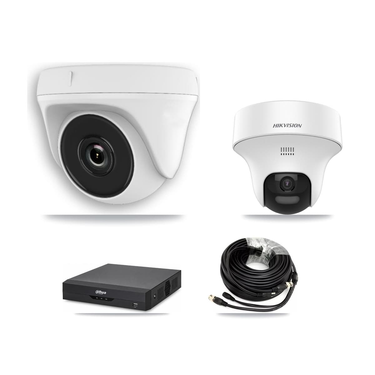 Hikvision & Dahua 4-Channel 2MP – 5MP CCTV Kit — 1 DS-2CE70K0T 5MP Turret + 3 White HDT-2MP-N20W 2MP Dome Cameras + 3TB Recording