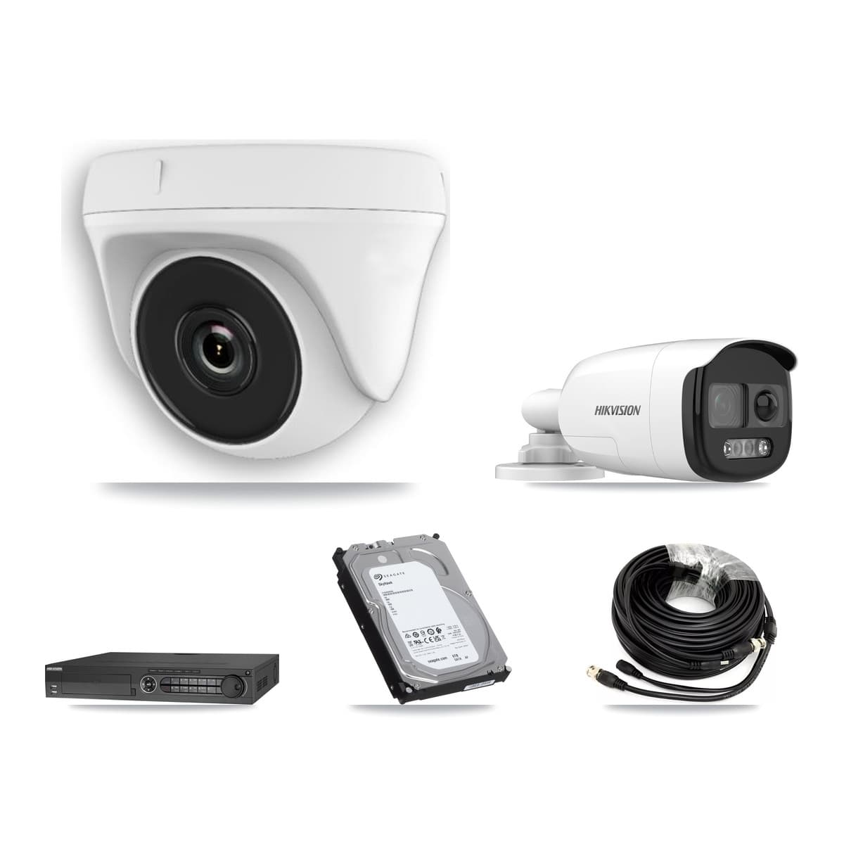 Hikvision 32-Channel 2MP – 5MP CCTV Kit — 1 DS-2CE12KF3T 5MP Bullet + 7 White HDT-2MP-N20W 2MP Dome Cameras + 6TB Recording (IDS-7332HUHI Recorder) - Image 1