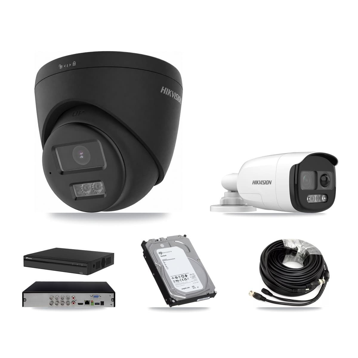 Hikvision & Prolux 8-Channel 5MP – 4K CCTV Kit — 1 5MP Bullet + 2 Black 4K Turret Cameras + 6TB Recording (PXD-5108HS Recorder)
