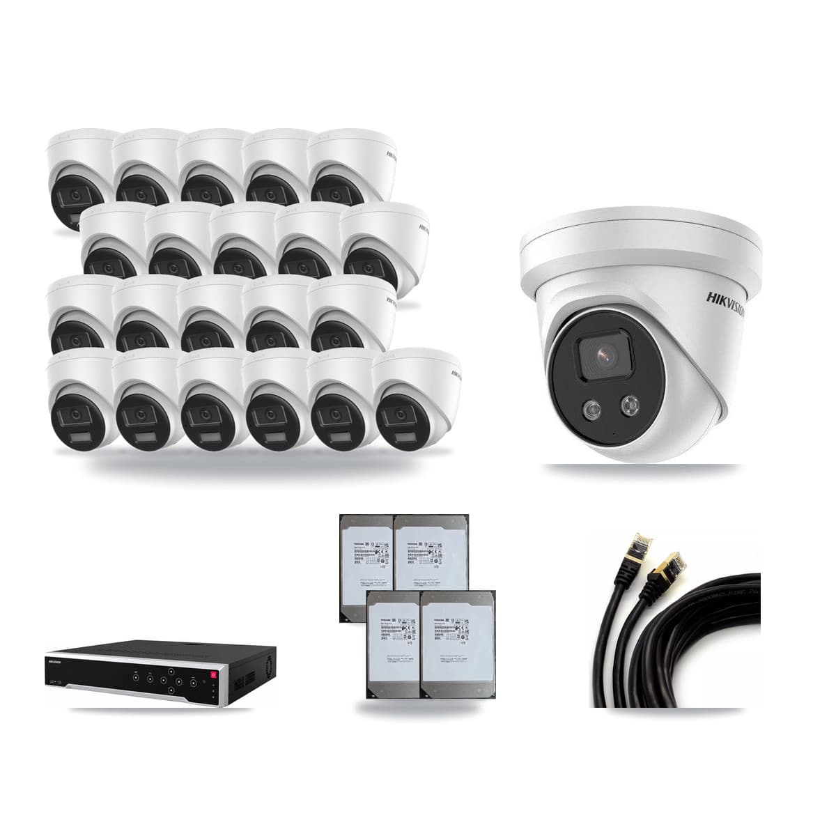 Hikvision 32-Channel 5MP – 4K CCTV Kit — 21 DS-2CD1383G2-LIUF/SL 4K + 1 DS-2CD3356G2-ISU 5MP Turret Cameras + 4× 14TB Recording (DS-7732NI-M4/24P Recorder) - Image 1