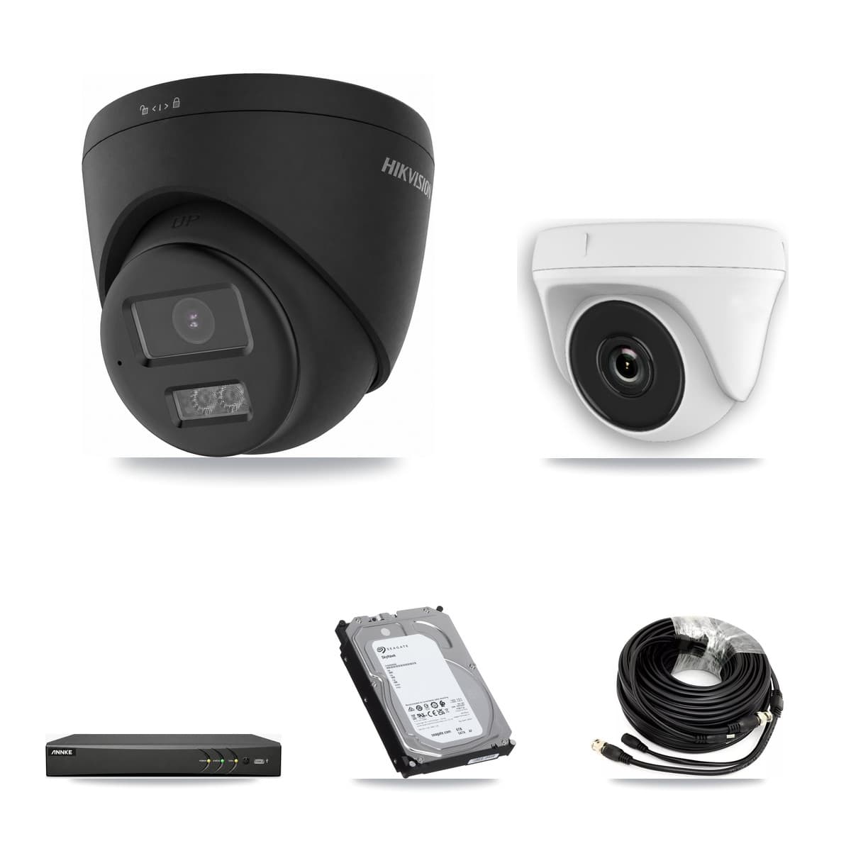 Hikvision & ANNKE 4-Channel 2MP – 4K CCTV Kit — 2 Black 4K Turret + 2 White 2MP Dome Cameras + 6TB Recording