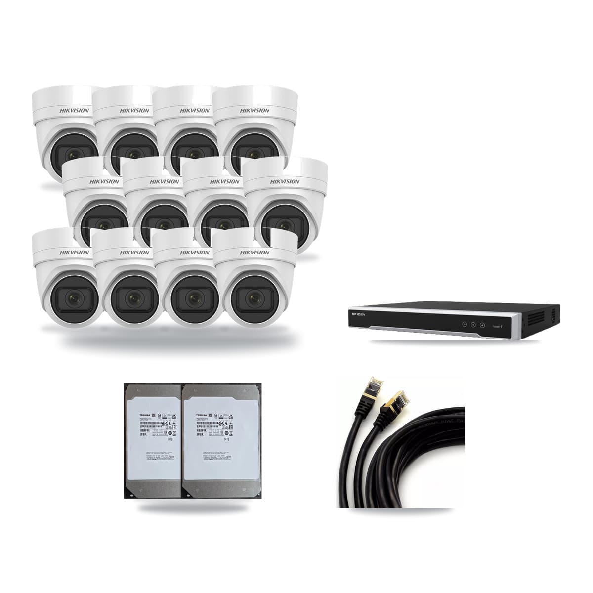 Hikvision 16-Channel 4K CCTV Kit — 12 DS-2CD2H83G0 Turret Cameras + 2× 14TB Recording (DS-7616NI-M2 Recorder) - Image 1