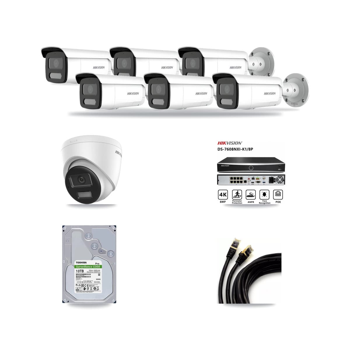 Hikvision 8-Channel 4MP – 4K CCTV Kit — 1 DS-2CD1383G2-LIUF/SL 4K Turret + 6 DS-2CD2T47G2H-LISU/SL 4MP Bullet Cameras + 10TB Recording (DS-7608NXI-K1/8P Recorder) - Image 1