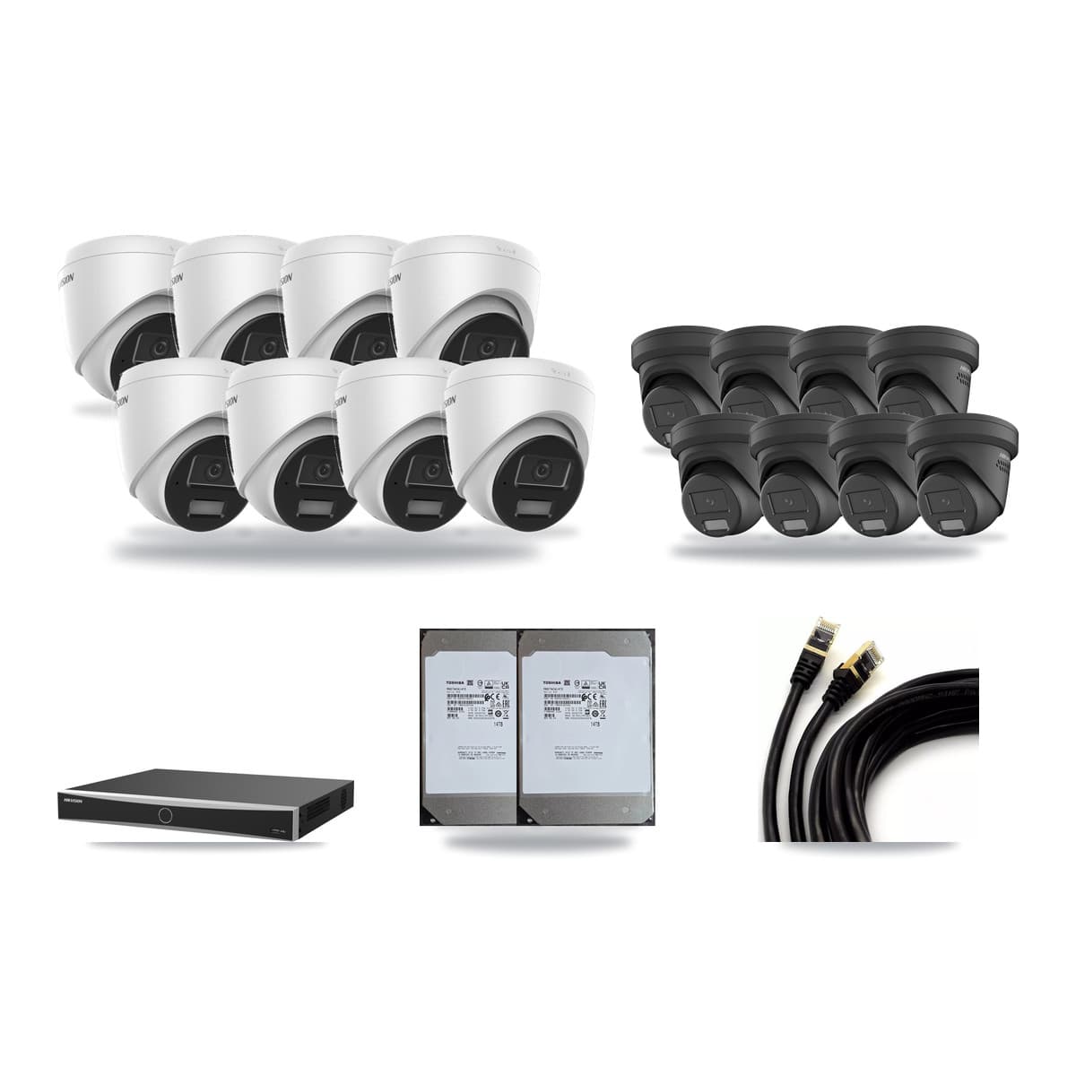 Hikvision 16-Channel 4MP CCTV Kit — 8 DS-2CD1343G2 + 8 Black DS-2CD2347G2 Turret Cameras + 2× 14TB Recording (DS-7616NXI Recorder) - Image 1