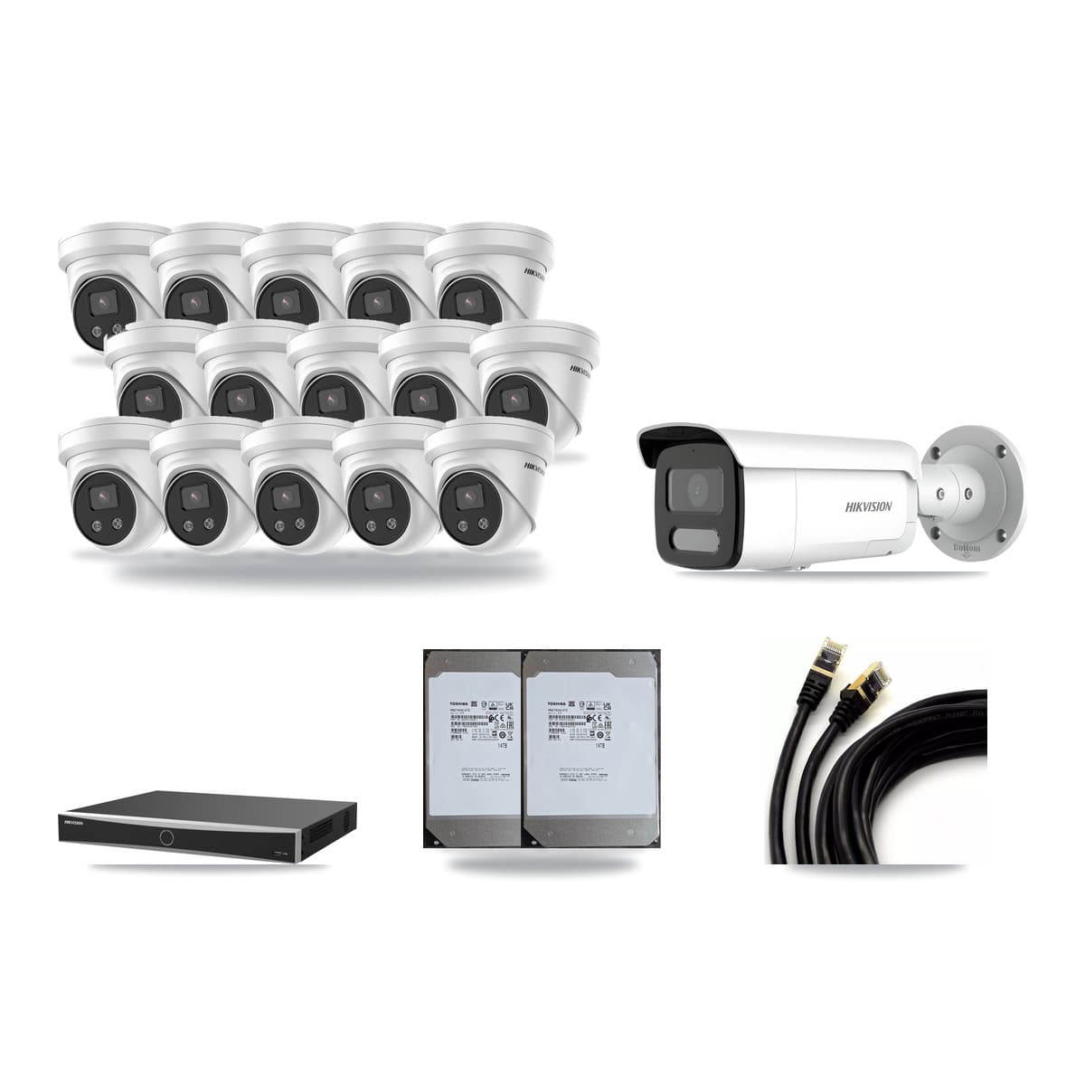 Hikvision 16-Channel 4MP – 5MP CCTV Kit — 1 4MP Bullet + 15 5MP Turret Cameras + 2× 14TB Recording (DS-7616NXI Recorder) - Image 1