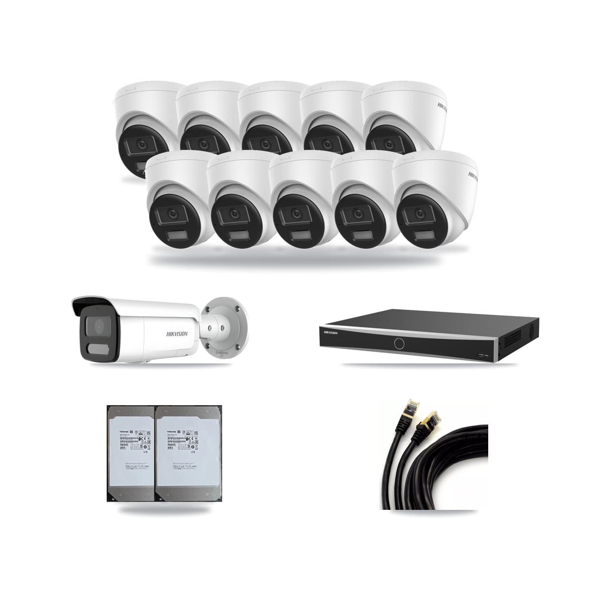 Hikvision 16-Channel 4MP – 4K CCTV Kit — 10 DS-2CD1383G2-LIU 4K Turret + 1 DS-2CD2T47G2H-LISU/SL 4MP Bullet Cameras + 2× 14TB Recording (DS-7616NXI-K2/16P(E) Recorder) - Image 1