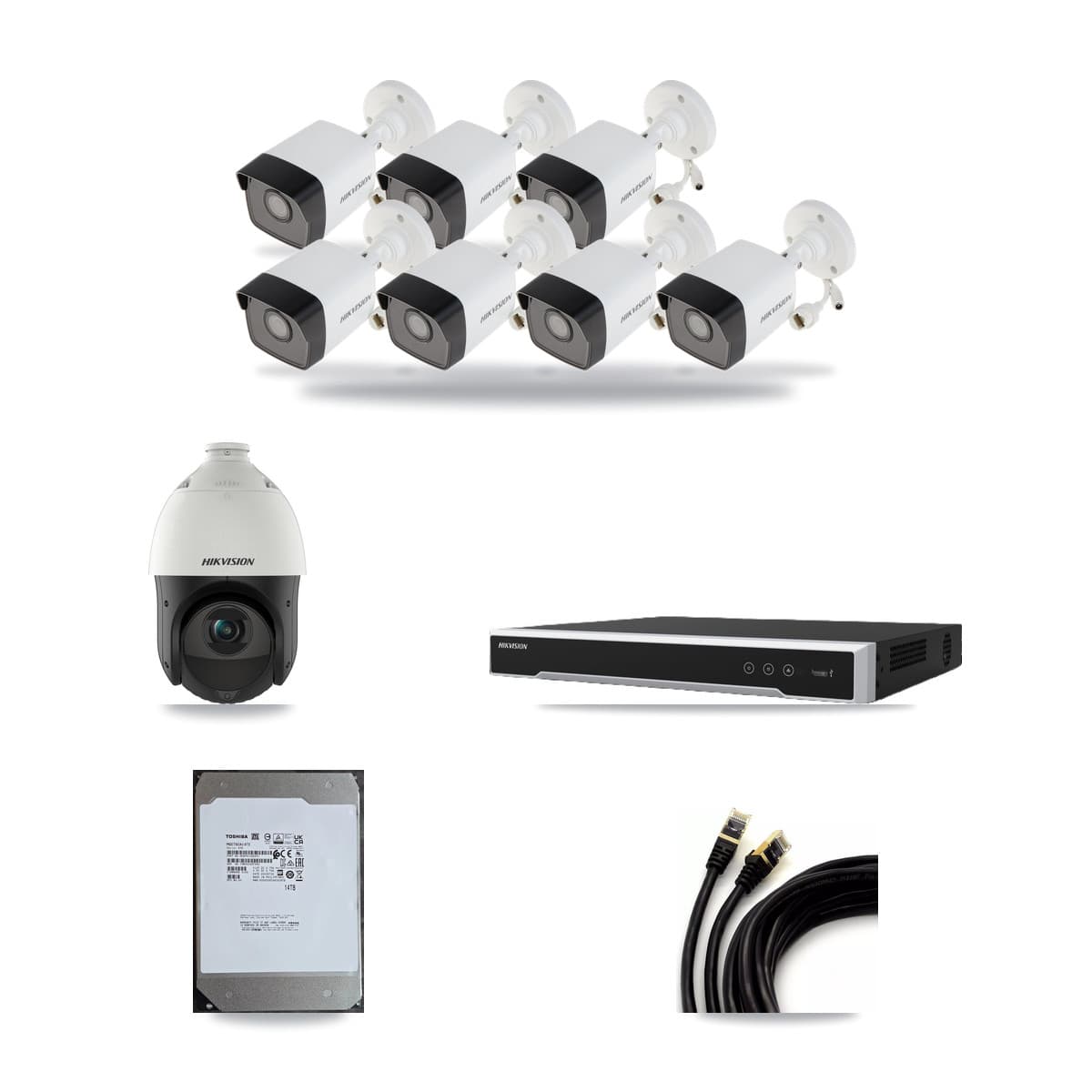 Hikvision 16-Channel 4MP – 5MP CCTV Kit — 7 5MP Bullet + 1 4MP PTZ Cameras + 14TB Recording (DS-7616NI-M2 Recorder) - Image 1