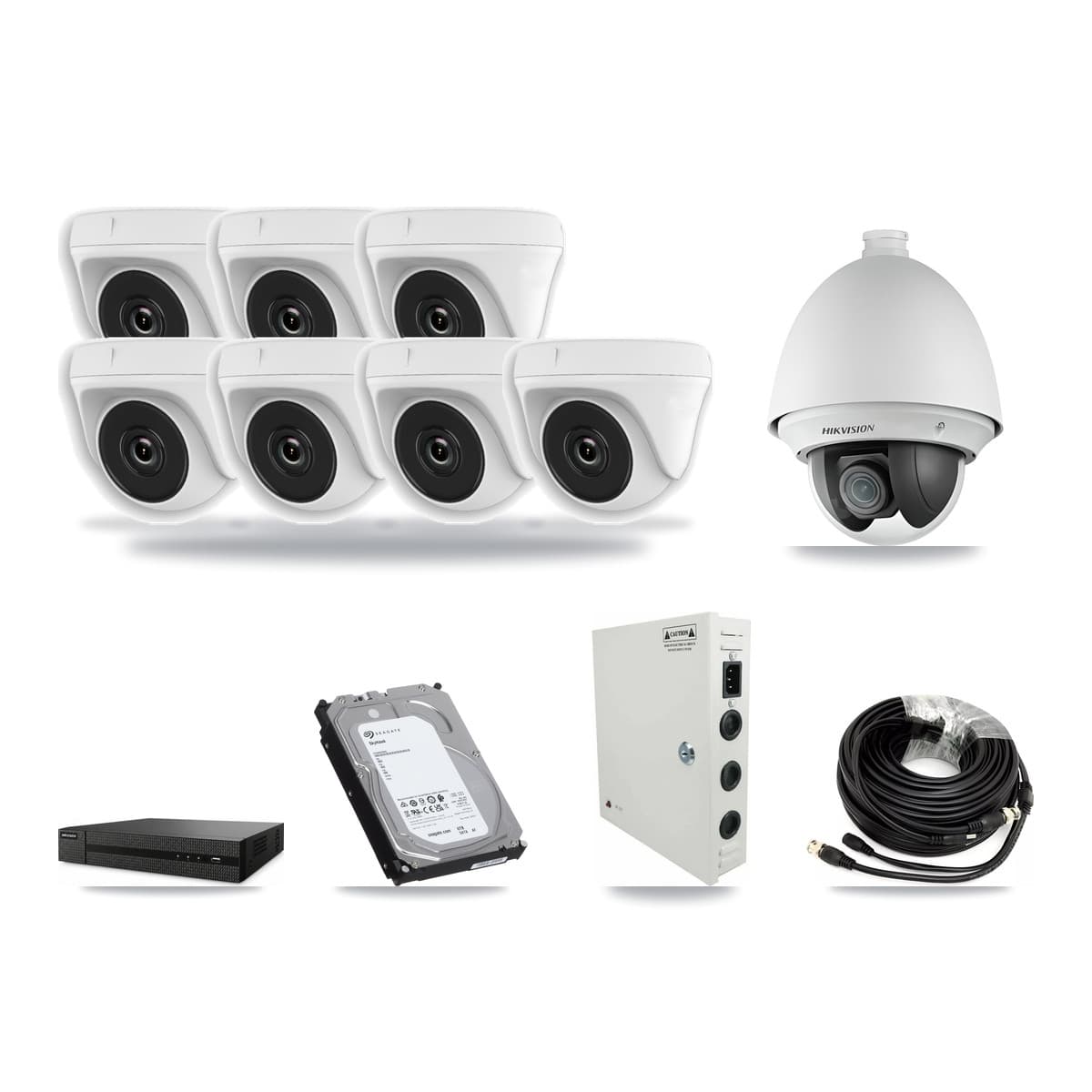 Hikvision 8-Channel 2MP CCTV Kit — 1 PTZ + 7 White Dome Cameras + 6TB Recording (DVR-8CH Recorder) - Image 1
