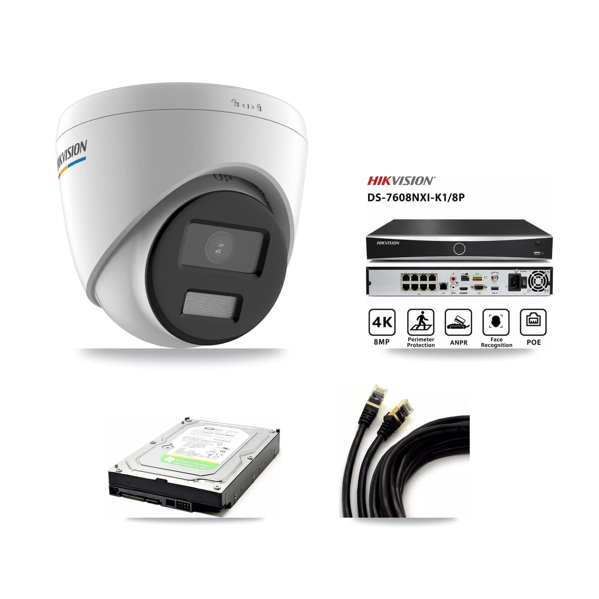 Hikvision 8-Channel 2MP CCTV Kit — 2 Turret Cameras + 1TB Recording (DS-7608NXI Recorder)