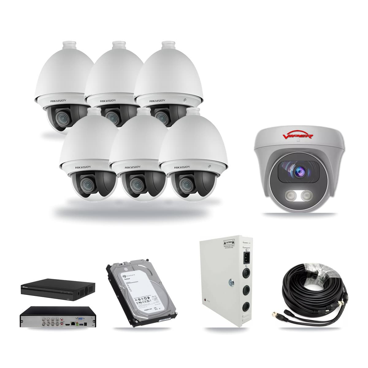 8-Channel 2MP – 5MP CCTV Kit — 6 2MP PTZ + 1 White 5MP Cameras + 6TB Recording (PXD-5108HS Recorder) - Image 1