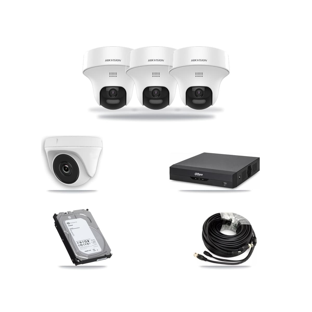 Hikvision & Dahua 4-Channel 2MP – 5MP CCTV Kit — 3 5MP Turret + 1 2MP Dome Cameras + 6TB Recording - Image 1