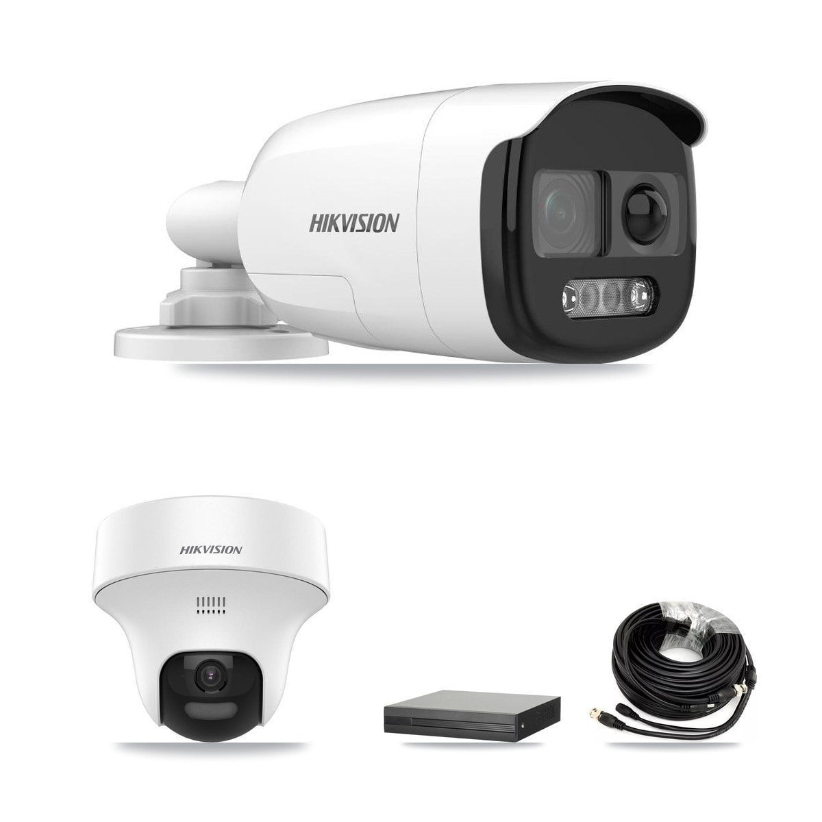 XVR-3104HS-5MP-LITE 4-Channel DVR CCTV Kit — 2× Hikvision DS-2CE12KF3T-PIRXO Bullet + 1× Hikvision DS-2CE70K0T-PTLTS Turret 5MP Cameras + 4TB HDD
