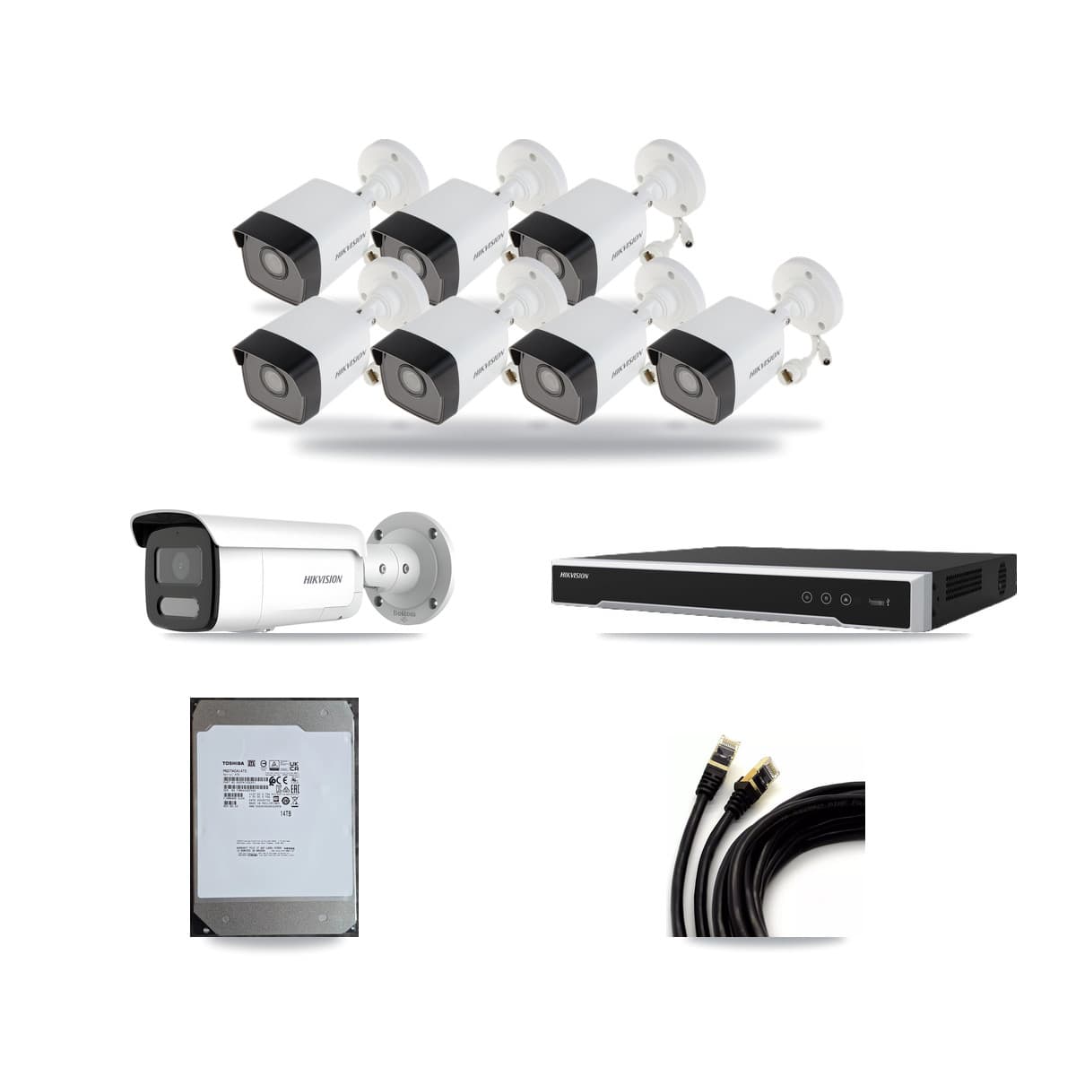 Hikvision 8-Channel 4MP – 5MP CCTV Kit — 7 5MP + 1 4MP Bullet Cameras + 14TB Recording - Image 1