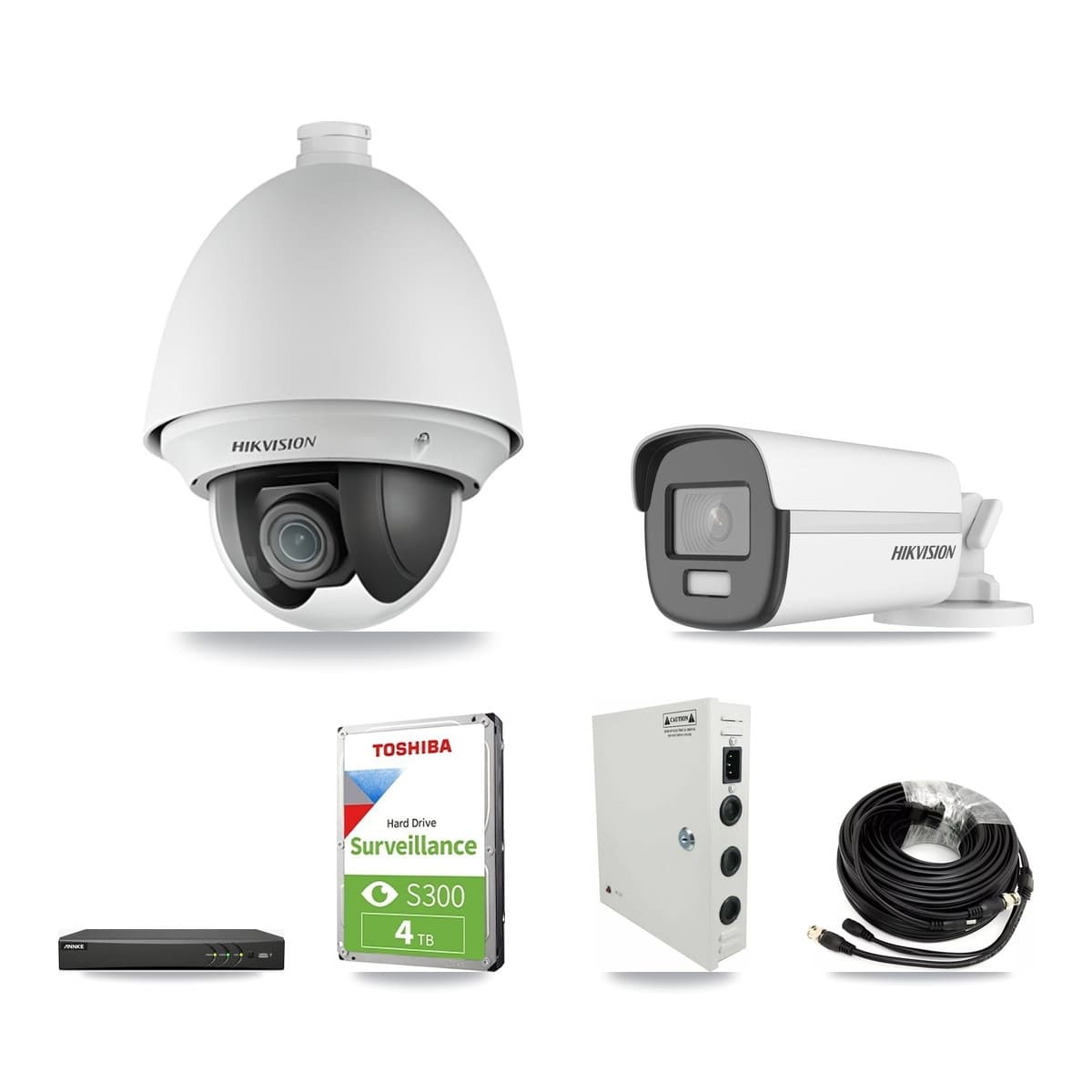 Hikvision & ANNKE 4-Channel 2MP – 4K CCTV Kit — 2 2MP PTZ + 1 4K Bullet Cameras + 4TB Recording