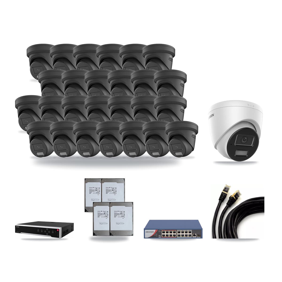Hikvision 32-Channel 4MP CCTV Kit — 1 DS-2CD1343G2 + 26 DS-2CD2347G2 Turret Cameras + 4× 14TB Recording - Image 1