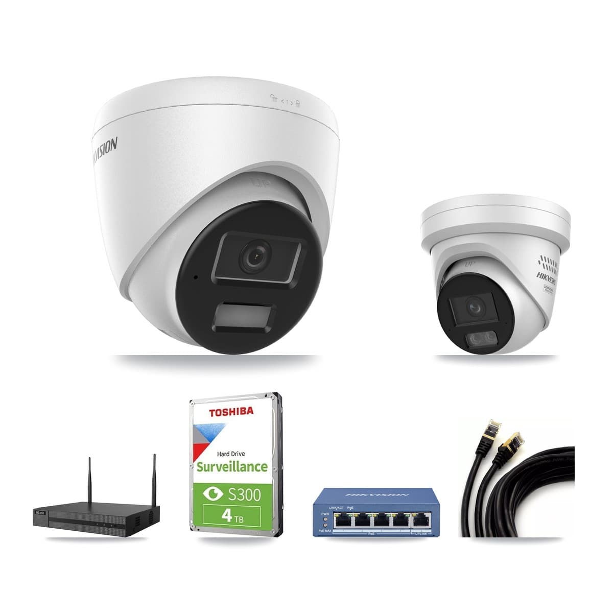 Hikvision & HiLook 4-Channel 4MP CCTV Kit — 2 DS-2CD1343G2 + 1 DS-2CD2347G3 Turret Cameras + 4TB Recording