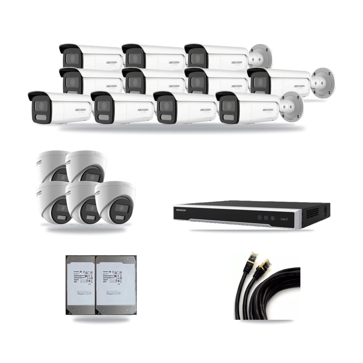Hikvision 16-Channel 2MP – 4K CCTV Kit — 5 2MP Turret + 11 White 4K Bullet Cameras + 2× 14TB Recording (DS-7616NI-M2 Recorder) - Image 1