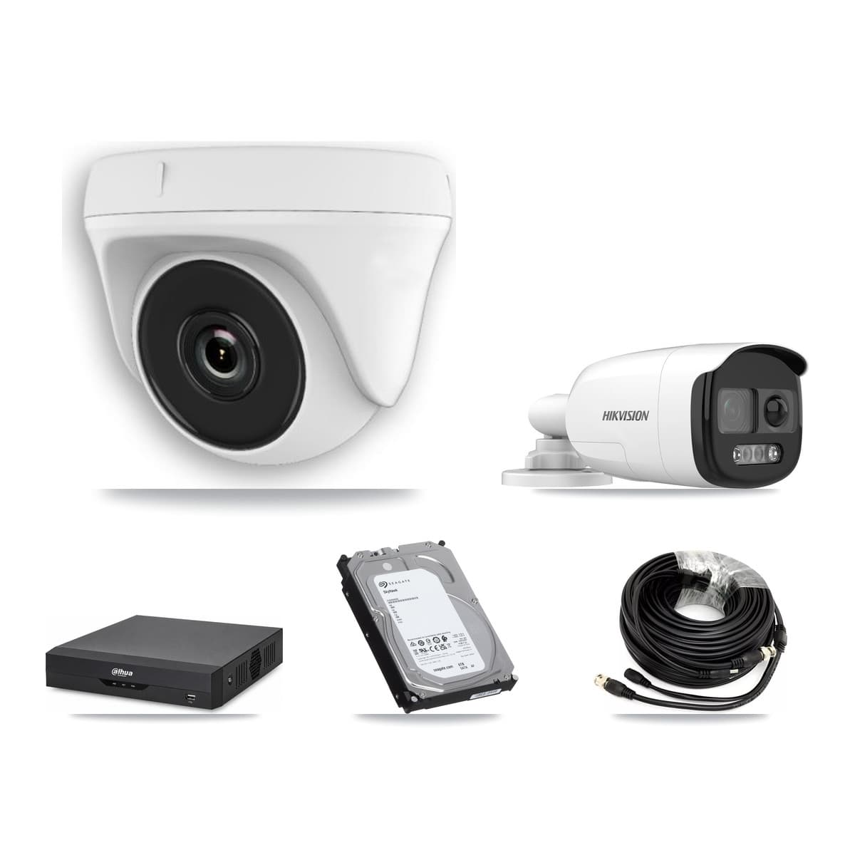 Hikvision & Dahua 4-Channel 2MP – 5MP CCTV Kit — 1 DS-2CE12KF3T 5MP Bullet + 3 White HDT-2MP-N20W 2MP Dome Cameras + 6TB Recording