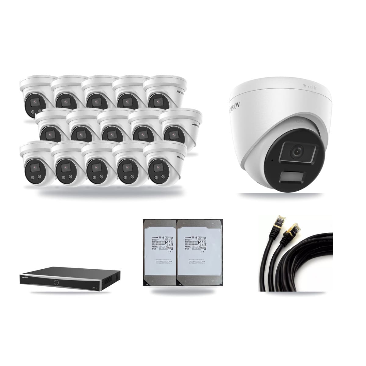 Hikvision 16-Channel 4MP – 5MP CCTV Kit — 1 4MP + 15 5MP Turret Cameras + 2× 14TB Recording (DS-7616NXI Recorder) - Image 1