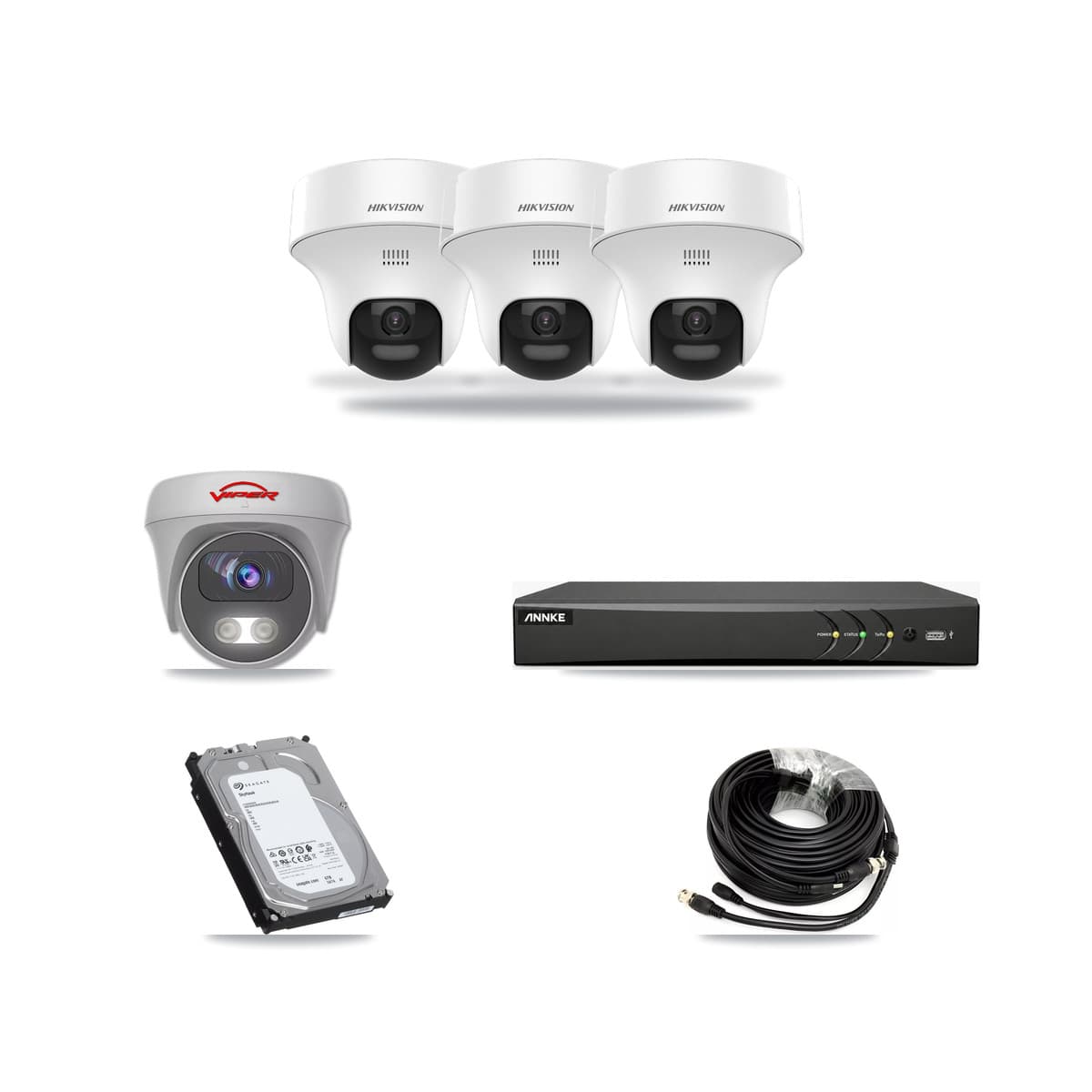 4-Channel 5MP CCTV Kit — 3 DS-2CE70K0T Turret + 1 White VIPER-5MP-3K Cameras + 6TB Recording (AN-DV4-8MP Recorder) - Image 1