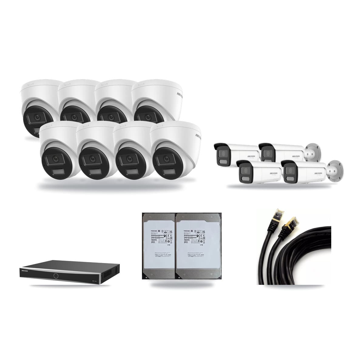 Hikvision 16-Channel 4K CCTV Kit — 8 DS-2CD1383G2-LIUF/SL Turret + 4 White DS-2CD2T87G2H-LISU/SL-2.8MM-W Bullet Cameras + 2× 14TB Recording (DS-7616NXI-K2/16P(E) Recorder) - Image 1