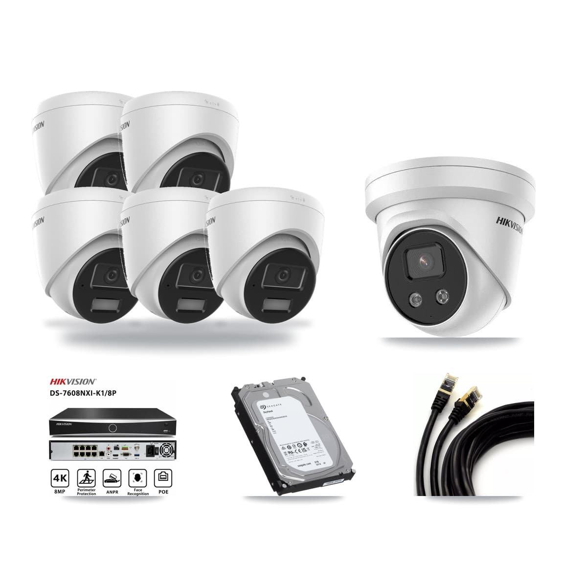 Hikvision 8-Channel 4MP – 5MP CCTV Kit — 5 4MP + 1 5MP Turret Cameras + 6TB Recording (DS-7608NXI Recorder) - Image 1
