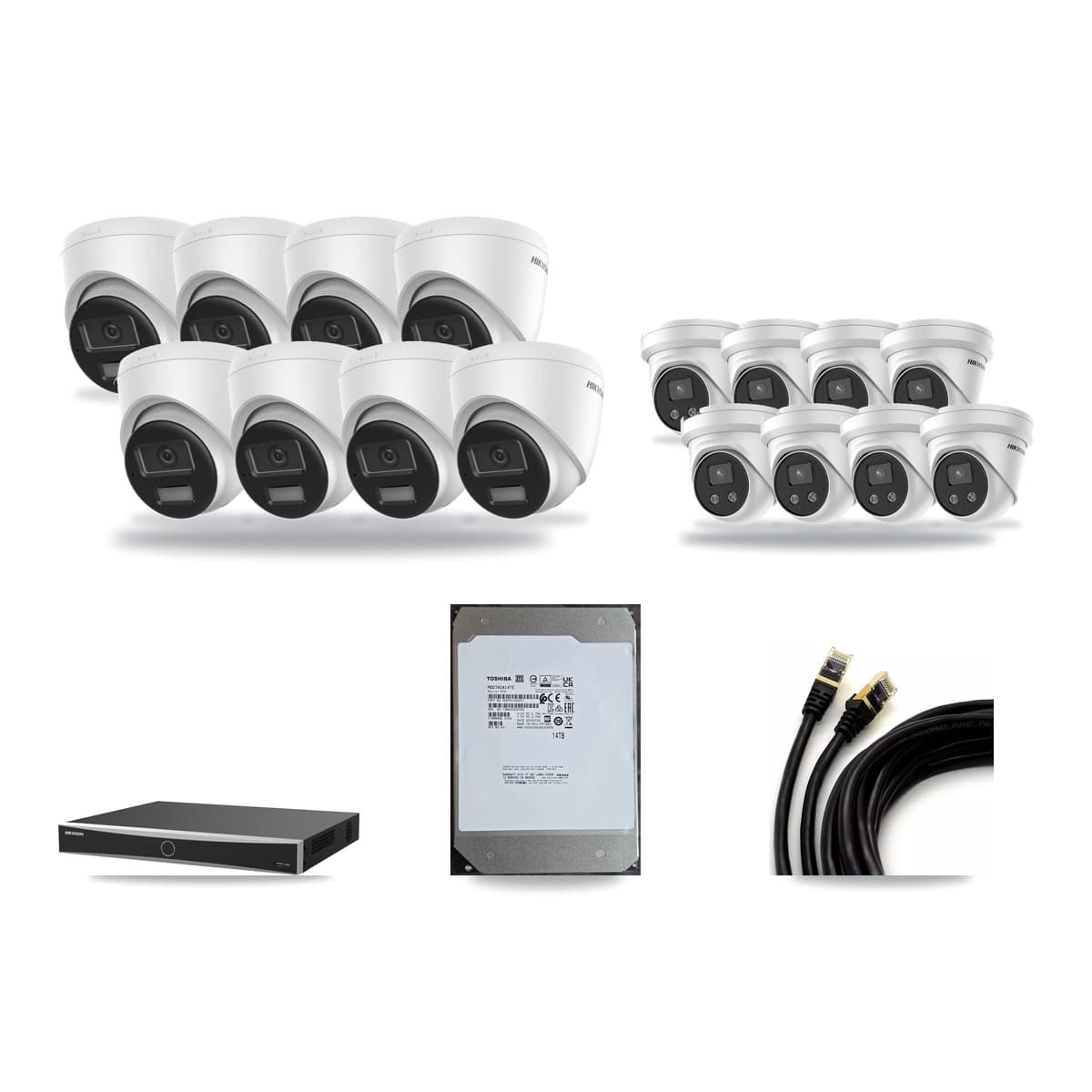 Hikvision 16-Channel 5MP – 4K CCTV Kit — 8 DS-2CD1383G2-LIUF/SL 4K + 8 DS-2CD3356G2-ISU 5MP Turret Cameras + 14TB Recording (DS-7616NXI-K2/16P(E) Recorder) - Image 1